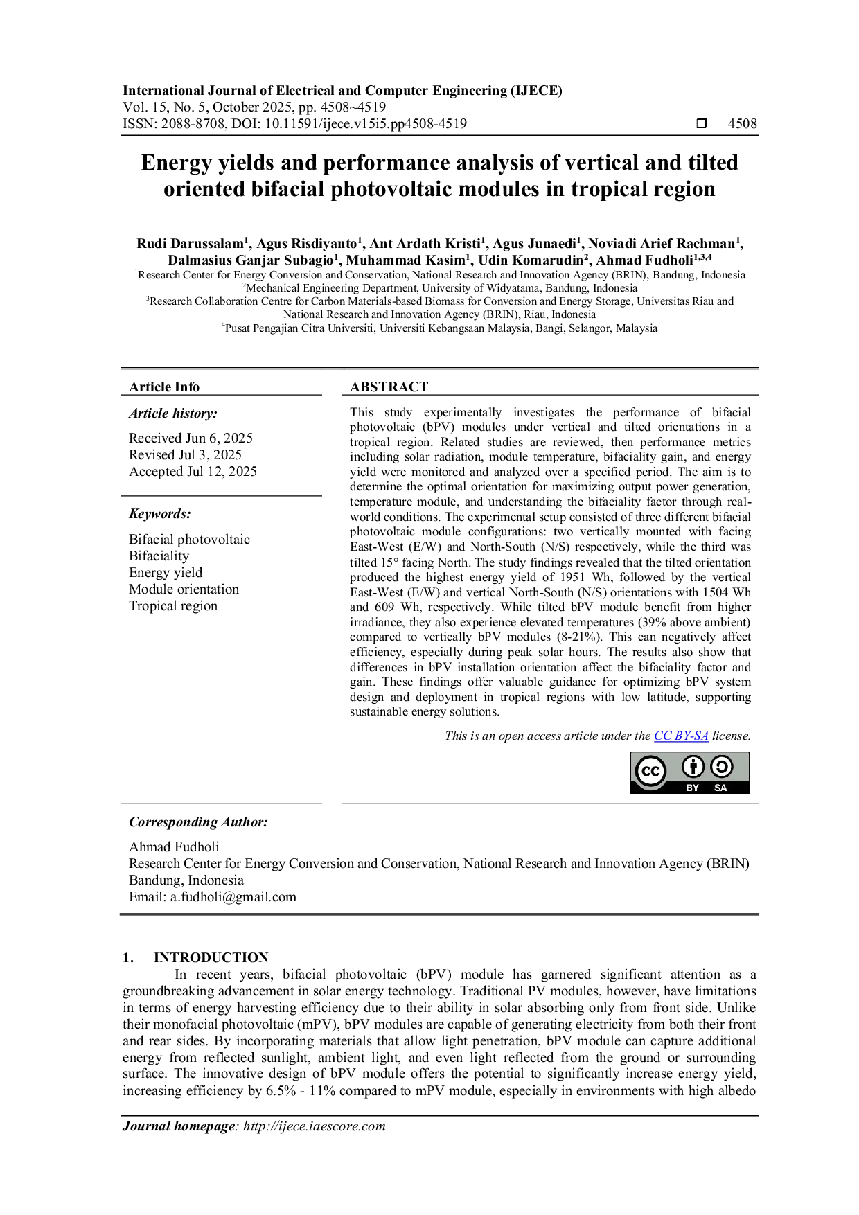JURIS Energy yields and performance analysis of vertical and tilted oriented bifacial photovoltaic modules in tropical region