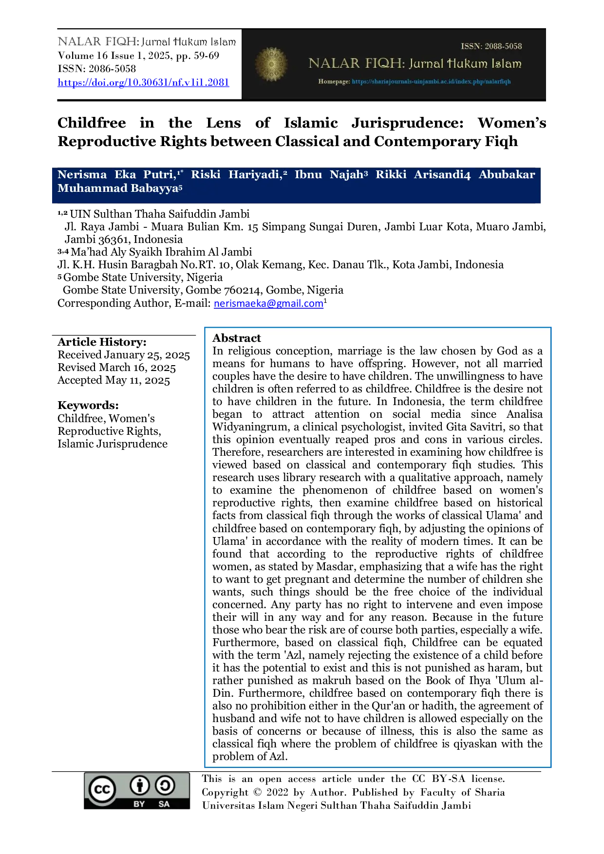 JURIS Childfree in the Lens of Islamic Jurisprudence Women s Reproductive Rights between Classical and Contemporary Fiqh