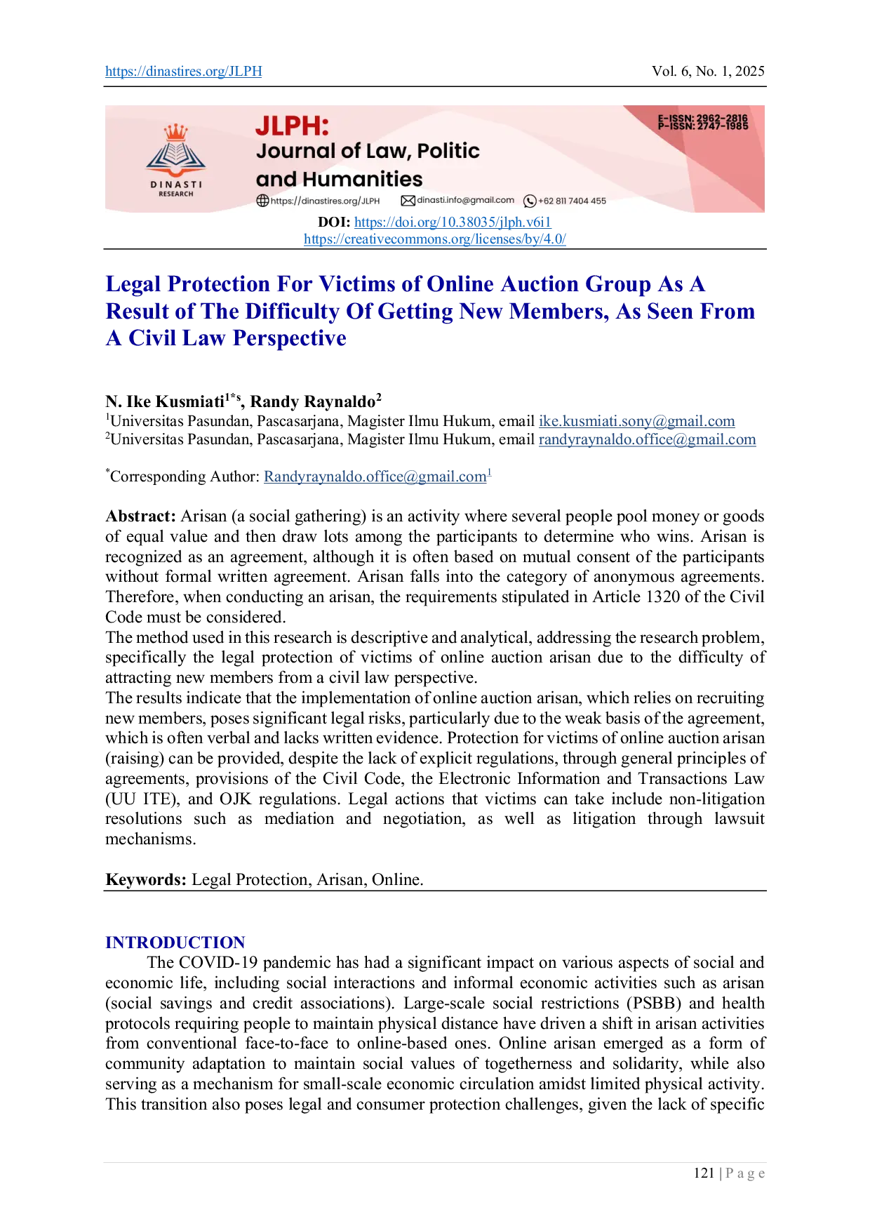 JURIS Legal Protection For Victims Of Online Auction Group As A Result Of The Difficulty Of Getting New Members As Seen From A Civil Law Perspective