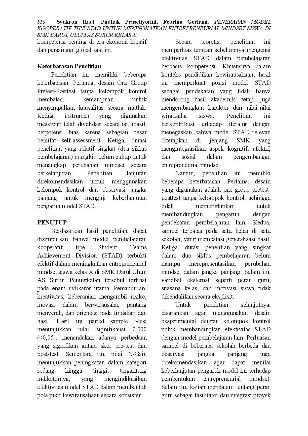 juris Penerapan Model Kooperatif Tipe Stad untuk Meningkatkan Entrepreneurial Mindset Siswa di Smk Darul Ulum As Surur Kelas X