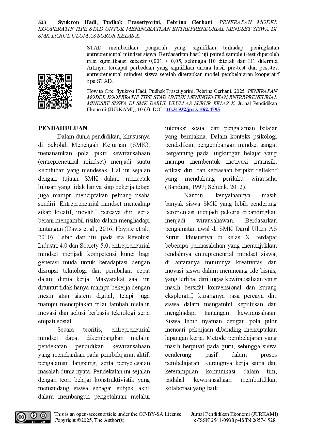 juris Penerapan Model Kooperatif Tipe Stad untuk Meningkatkan Entrepreneurial Mindset Siswa di Smk Darul Ulum As Surur Kelas X