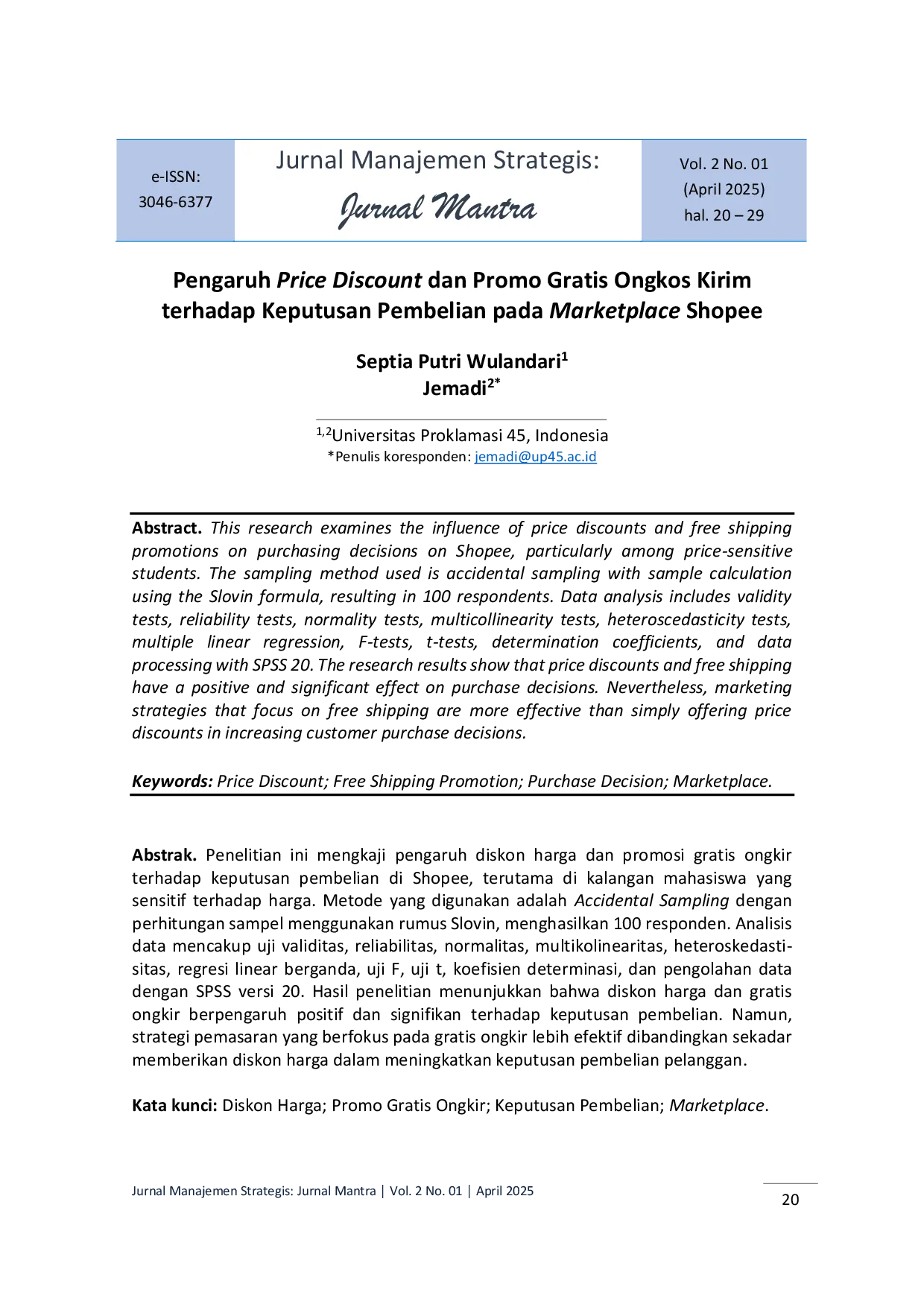 JURIS Pengaruh Price Discount dan Promo Gratis Ongkos Kirim terhadap Keputusan Pembelian pada Marketplace Shopee