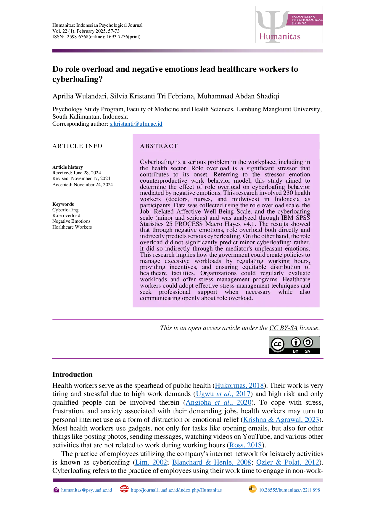 JURIS Do role overload and negative emotions lead healthcare workers to cyberloafing