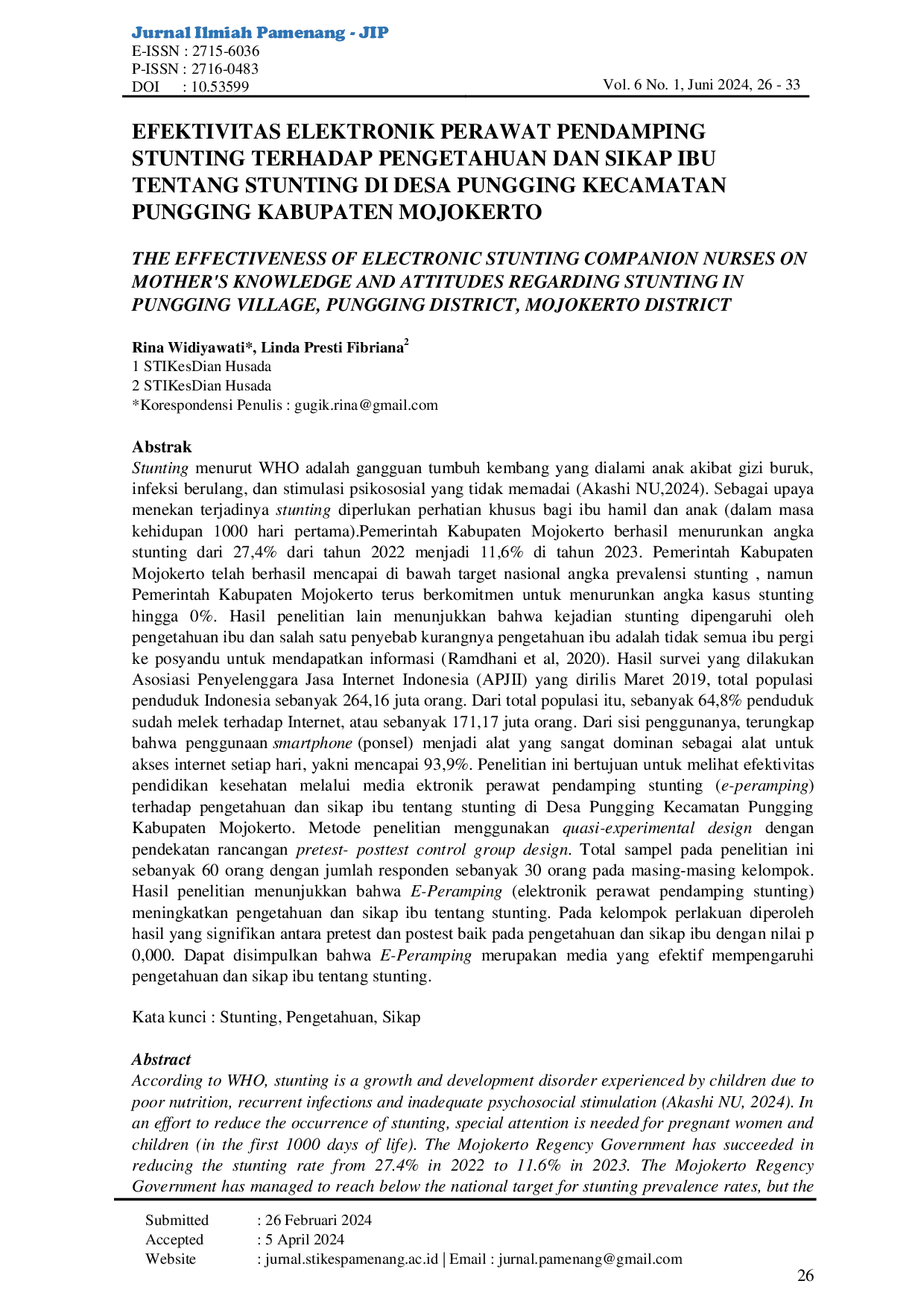 JURIS Efektivitas Elektronik Perawat Pendamping Stunting Terhadap Pengetahuan dan Sikap Ibu Tentang Stunting di Desa Pungging Kecamatan Pungging Kabupaten Mojokerto