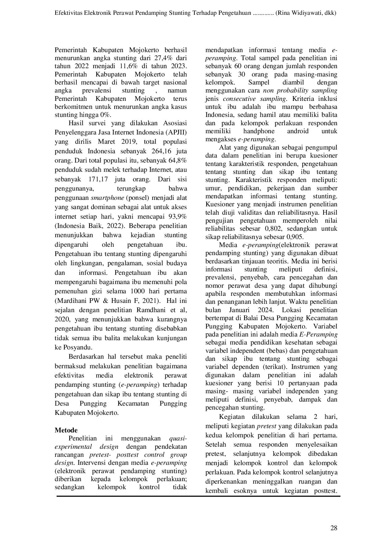 JURIS Efektivitas Elektronik Perawat Pendamping Stunting Terhadap Pengetahuan dan Sikap Ibu Tentang Stunting di Desa Pungging Kecamatan Pungging Kabupaten Mojokerto