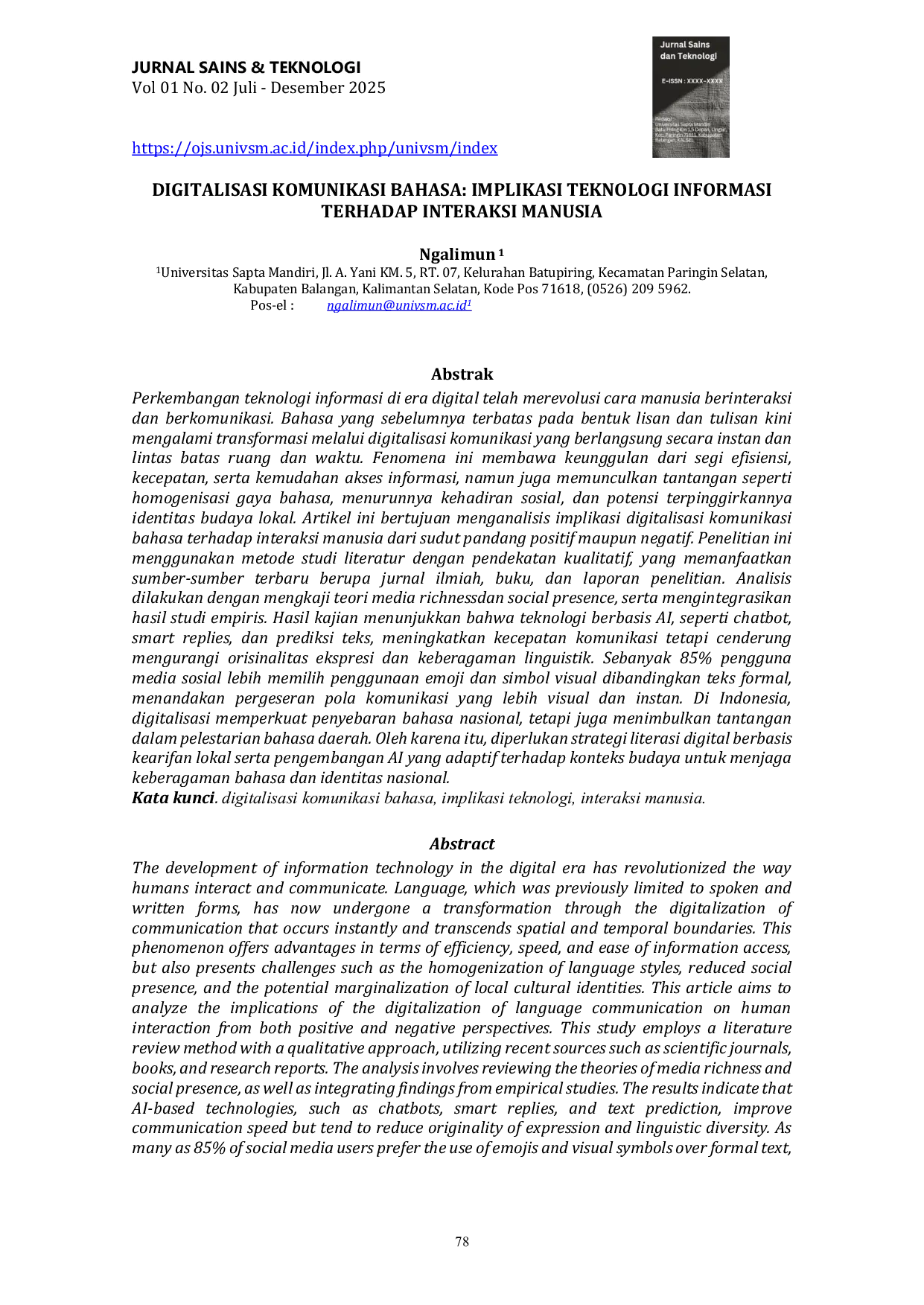 JURIS Digitalisasi Komunikasi Bahasa Implikasi Teknologi Informasi Terhadap Interaksi Manusia