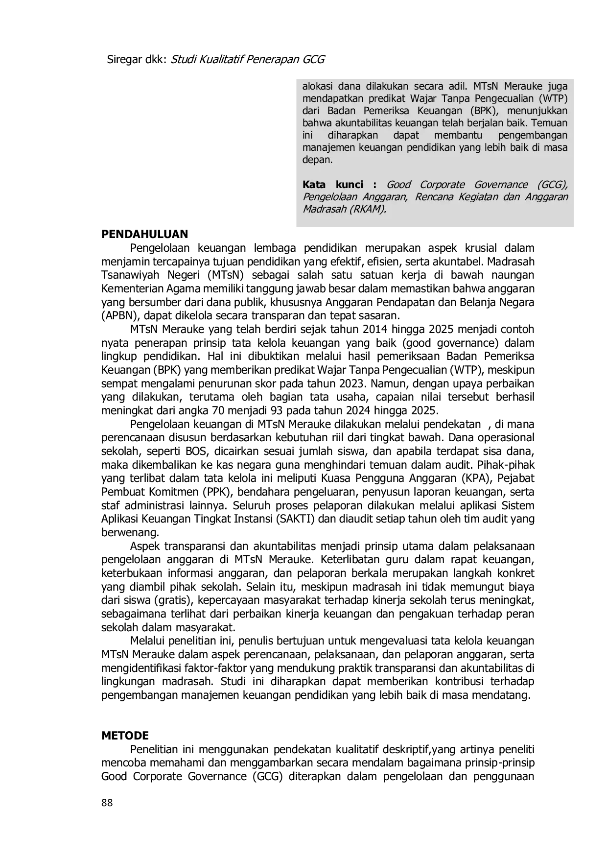 JURIS Studi Kualitatif Penerapan Good Corporate Governance dalam Pengelolaan dan Realisasi Anggaran di MTsN Merauke