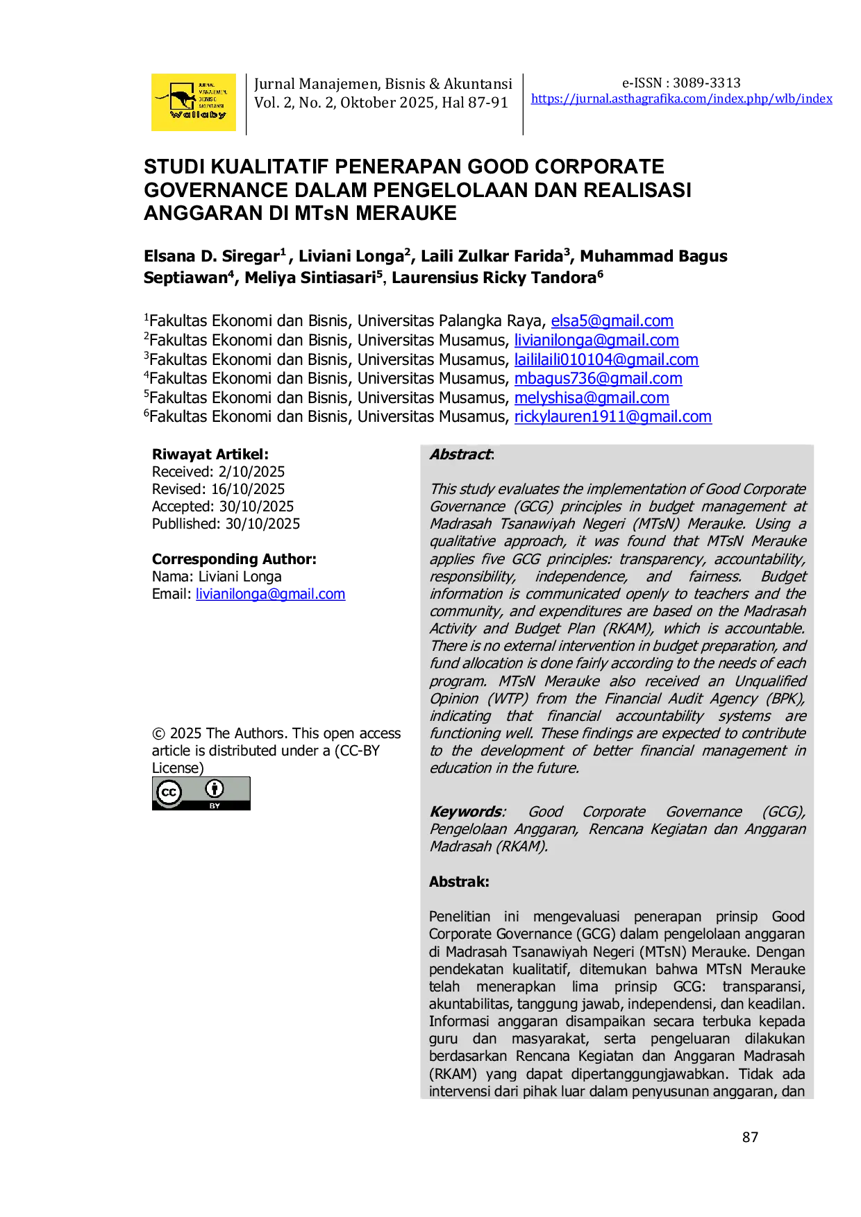 JURIS Studi Kualitatif Penerapan Good Corporate Governance dalam Pengelolaan dan Realisasi Anggaran di MTsN Merauke