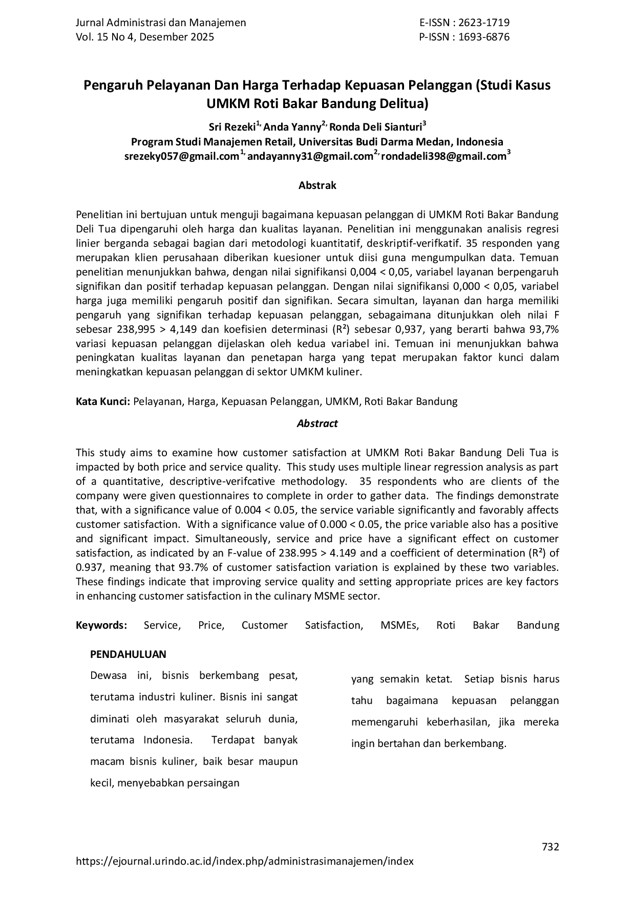 JURIS Pengaruh Pelayanan Dan Harga Terhadap Kepuasan Pelanggan Studi Kasus Umkm Roti Bakar Bandung Delitua