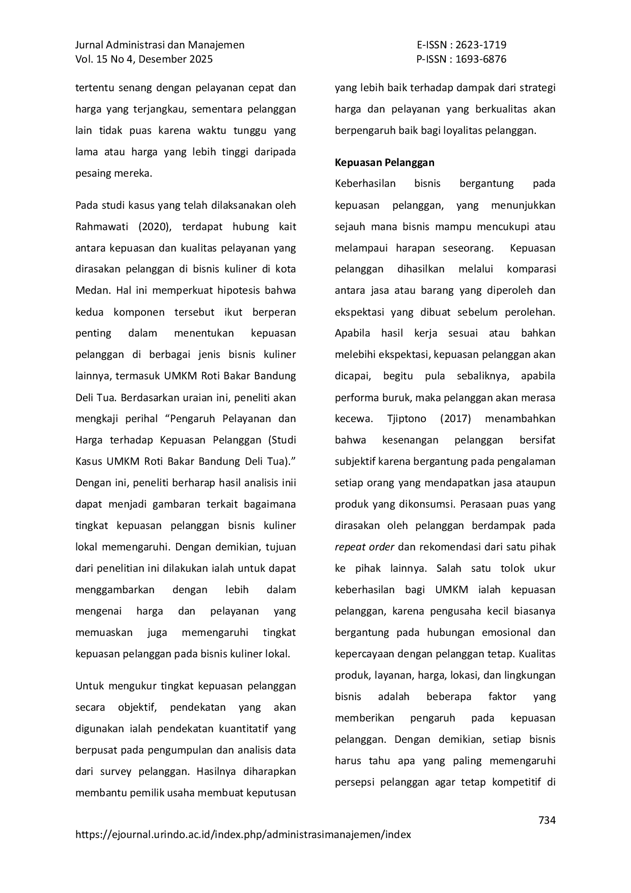 JURIS Pengaruh Pelayanan Dan Harga Terhadap Kepuasan Pelanggan Studi Kasus Umkm Roti Bakar Bandung Delitua