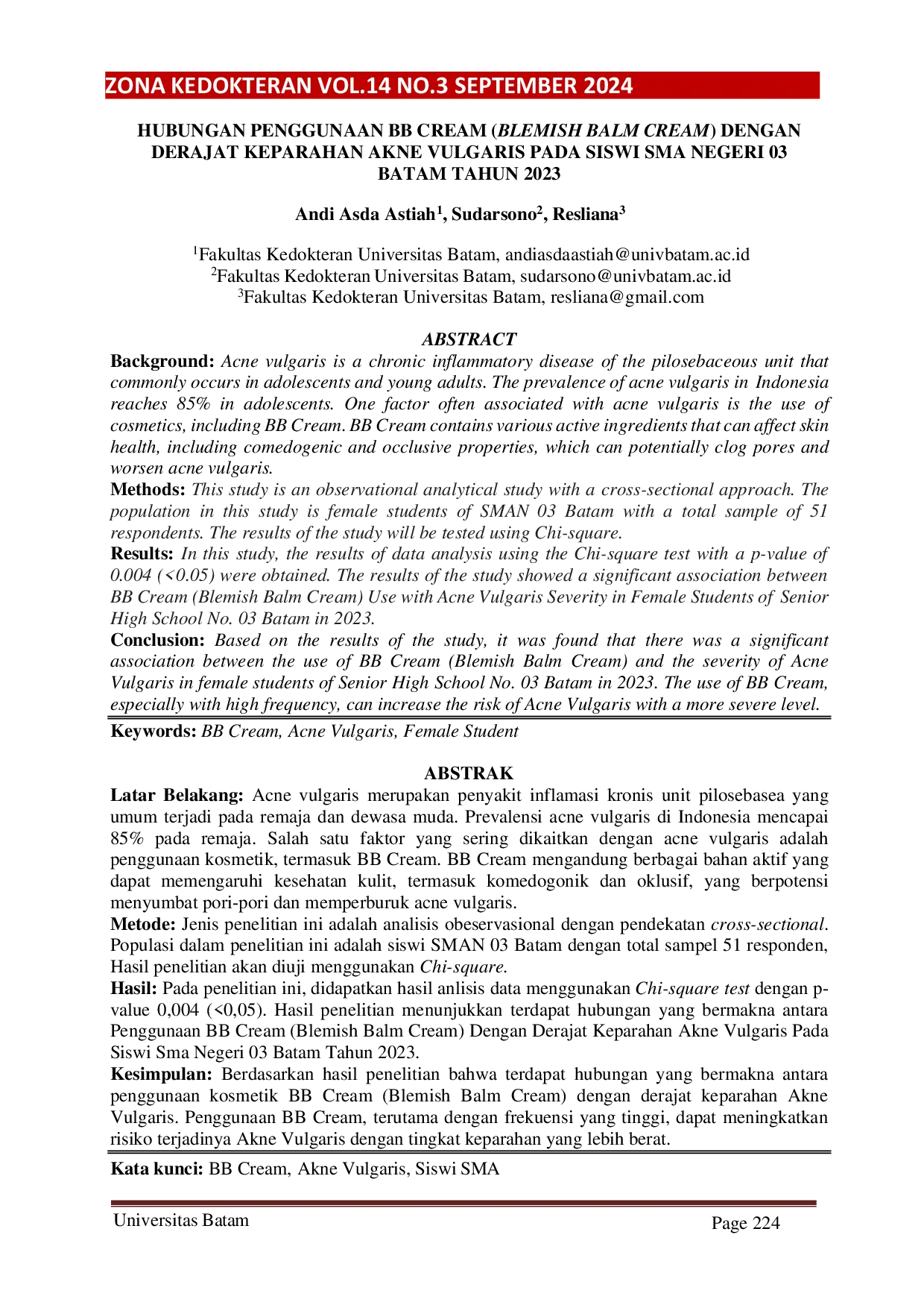 JURIS HUBUNGAN PENGGUNAAN BB CREAM BLEMISH BALM CREAM DENGAN DERAJAT KEPARAHAN AKNE VULGARIS PADA SISWI SMA NEGERI 03 BATAM TAHUN 2023