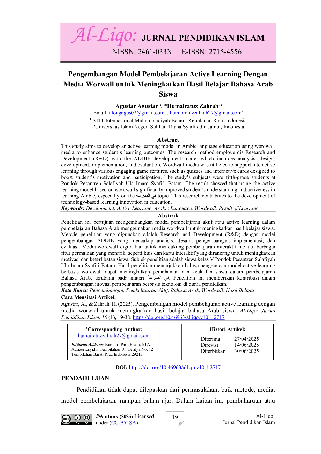 JURIS Pengembangan model pembelajaran active learning dengan media worwall untuk meningkatkan hasil belajar bahasa Arab siswa