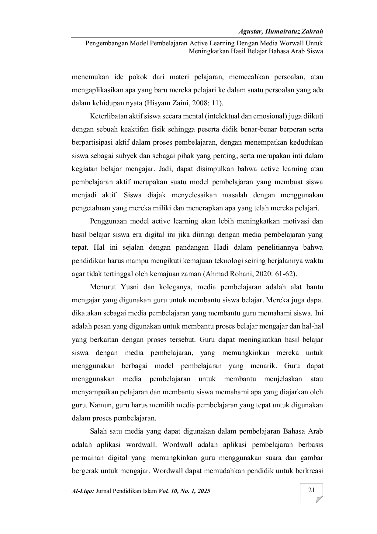 JURIS Pengembangan model pembelajaran active learning dengan media worwall untuk meningkatkan hasil belajar bahasa Arab siswa