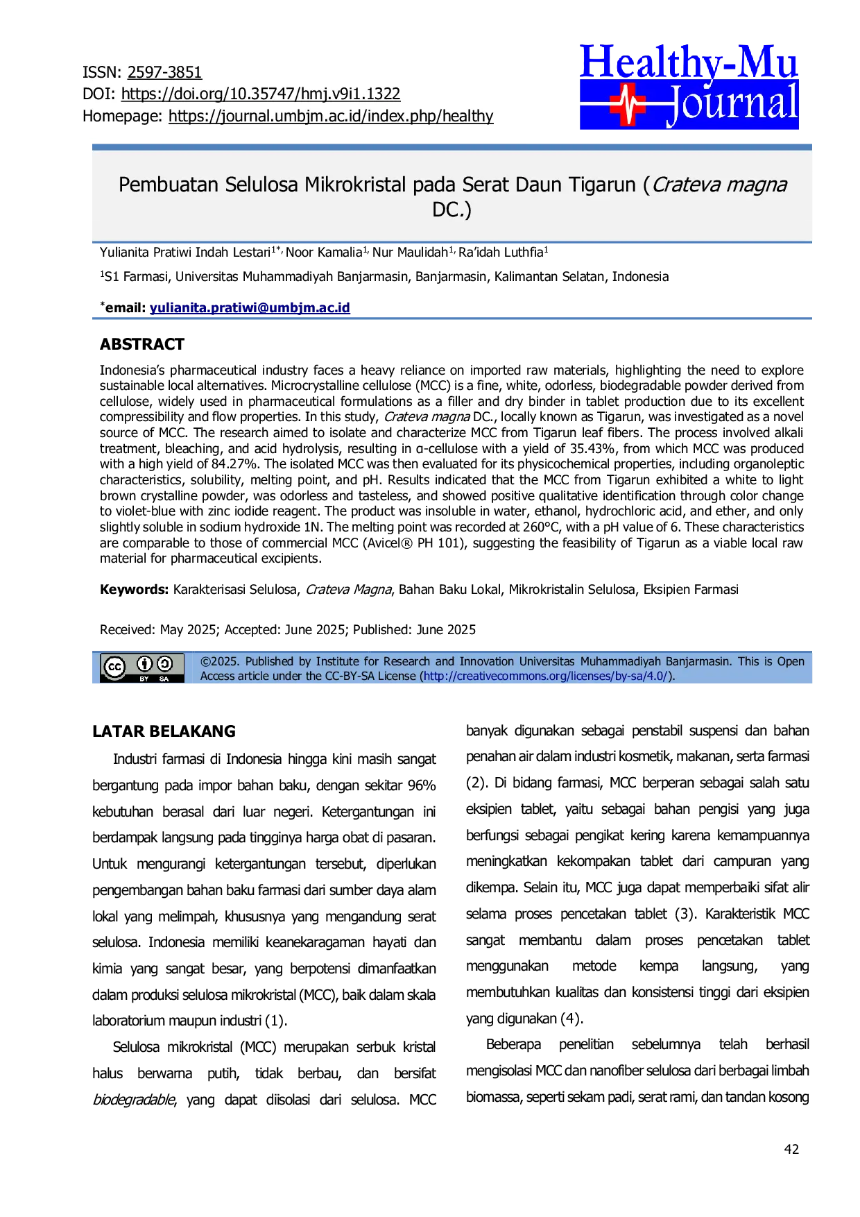 JURIS Pembuatan Selulosa Mikrokristal pada Serat Daun Tigarun Crateva magna DC