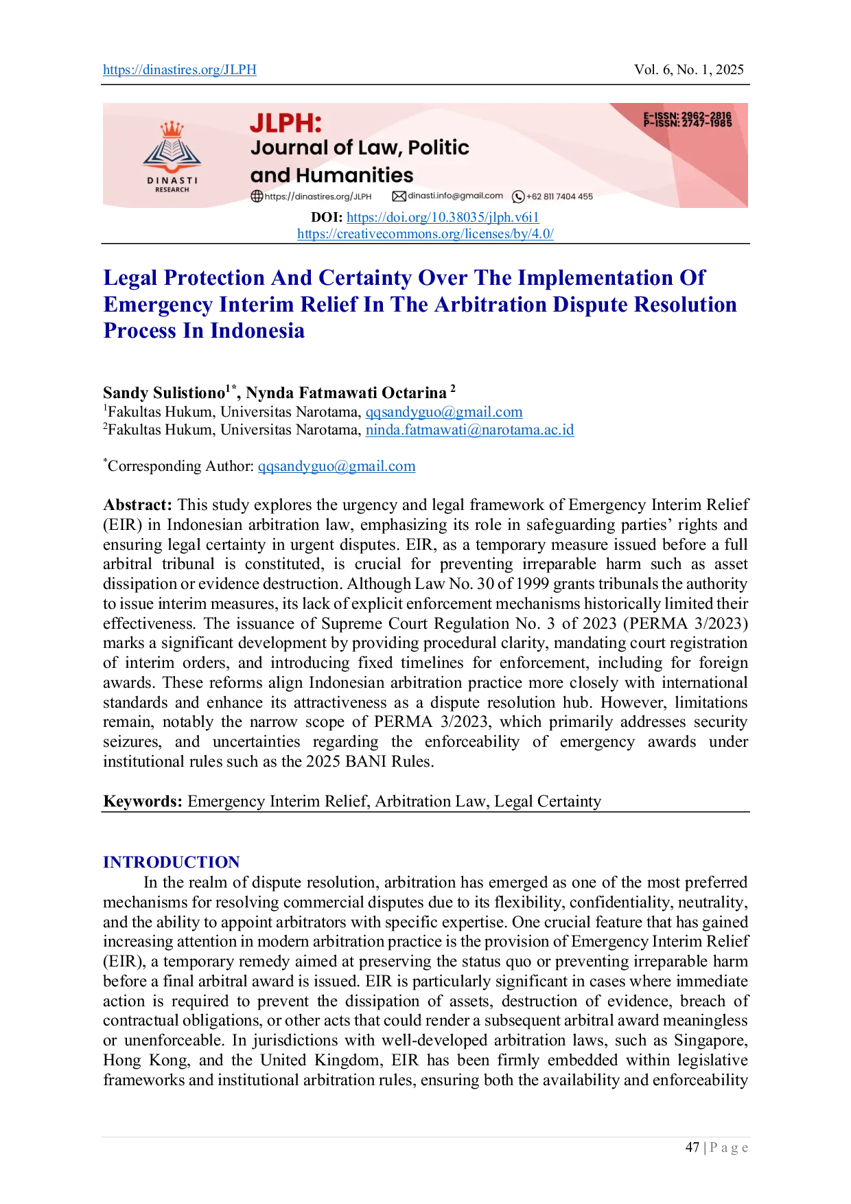 JURIS Legal Protection And Certainty Over The Implementation Of Emergency Interim Relief In The Arbitration Dispute Resolution Process In Indonesia