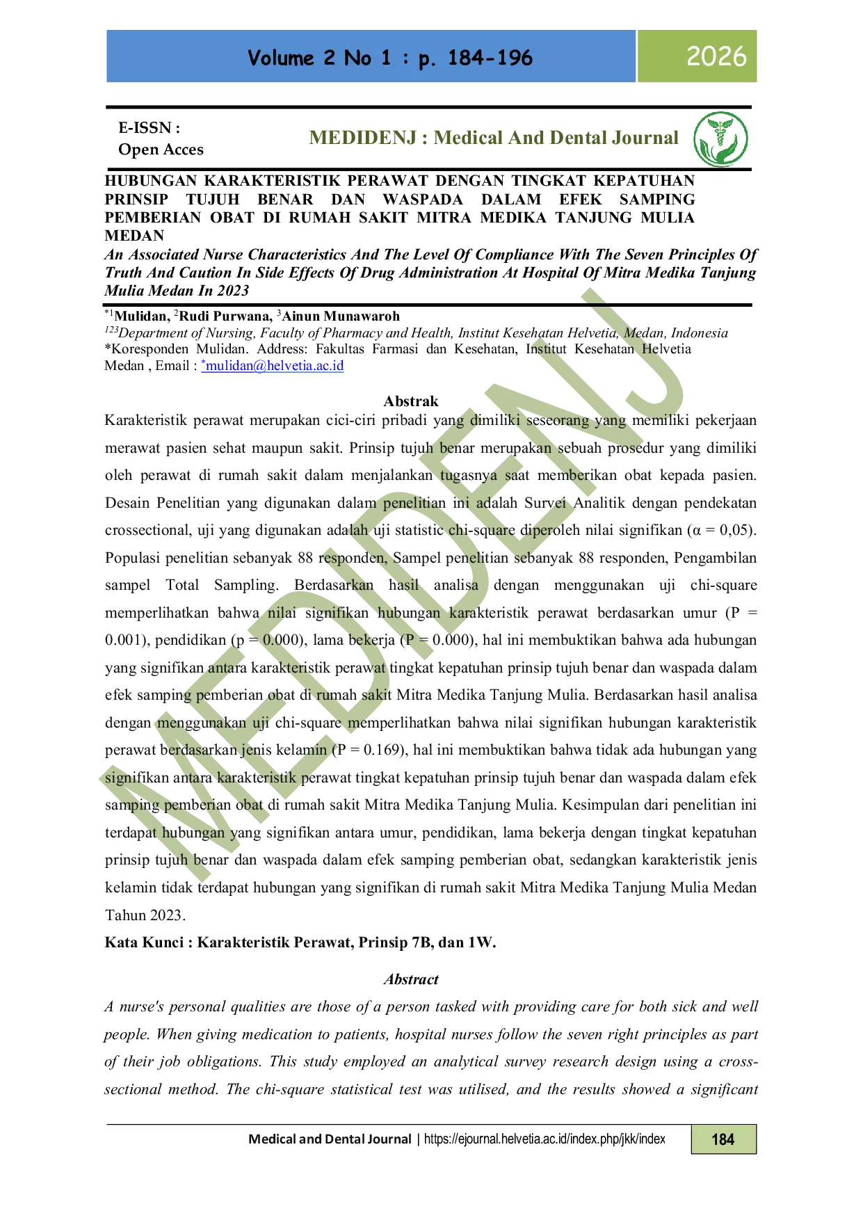 JURIS An Associated Nurse Characteristics And The Level Of Compliance With The Seven Principles Of Truth And Caution In Side Effects Of Drug Administration At Hospital Of Mitra Medika Tanjung Mulia Medan In