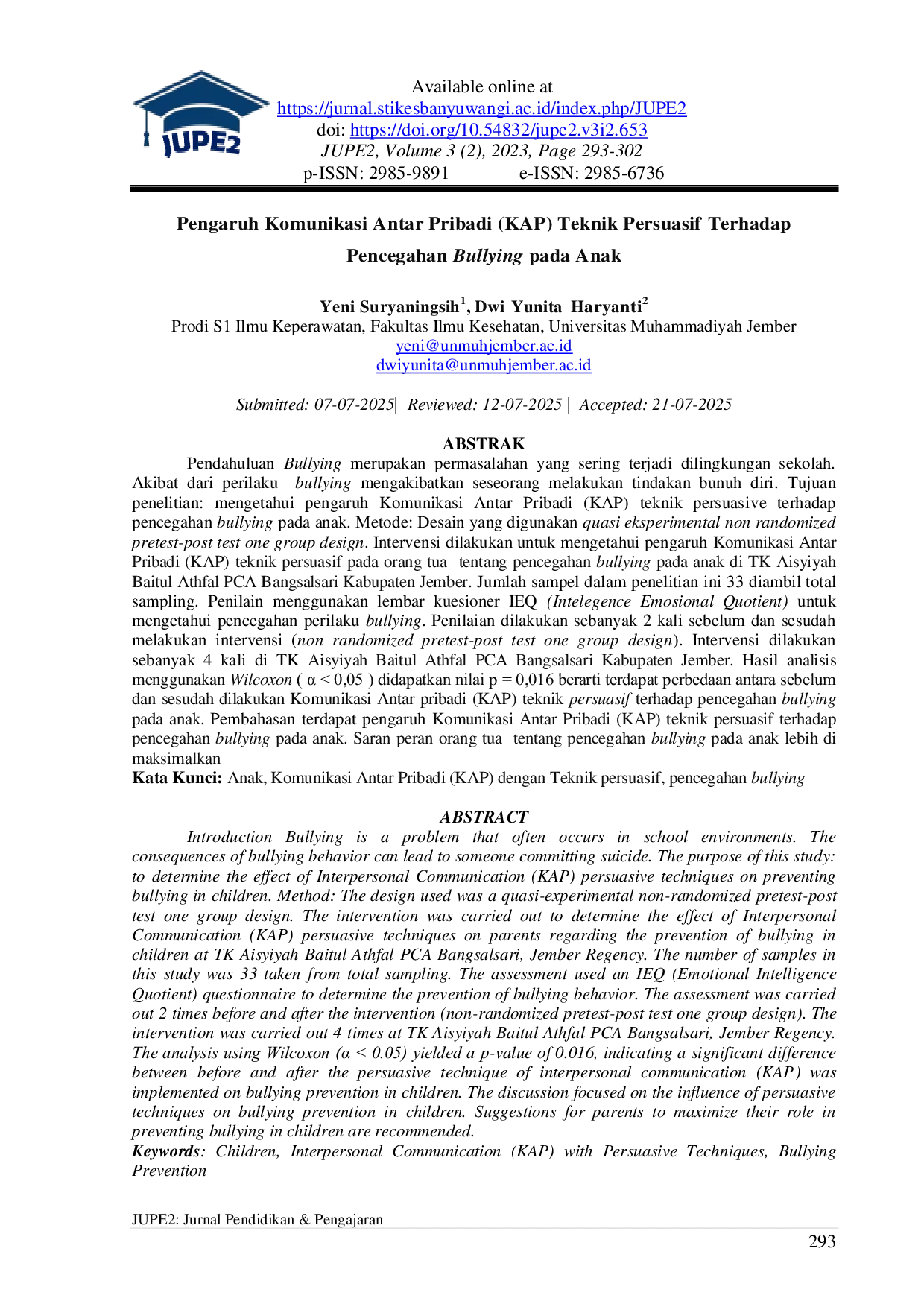 JURIS Pengaruh Komunikasi Antar Pribadi KAP Teknik Persuasif Terhadap Pencegahan Bullying pada Anak