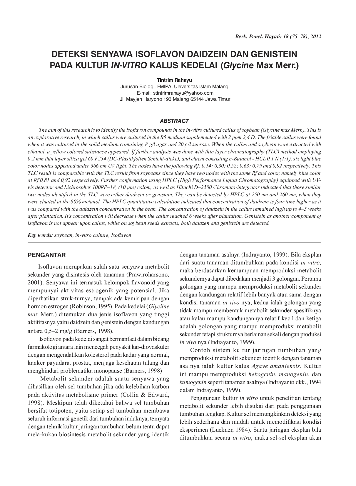JURIS DETEKSI SENYAWA ISOFLAVON DAIDZEIN DAN GENISTEIN PADA KULTUR IN VITRO KALUS KEDELAI Glycine Max Merr