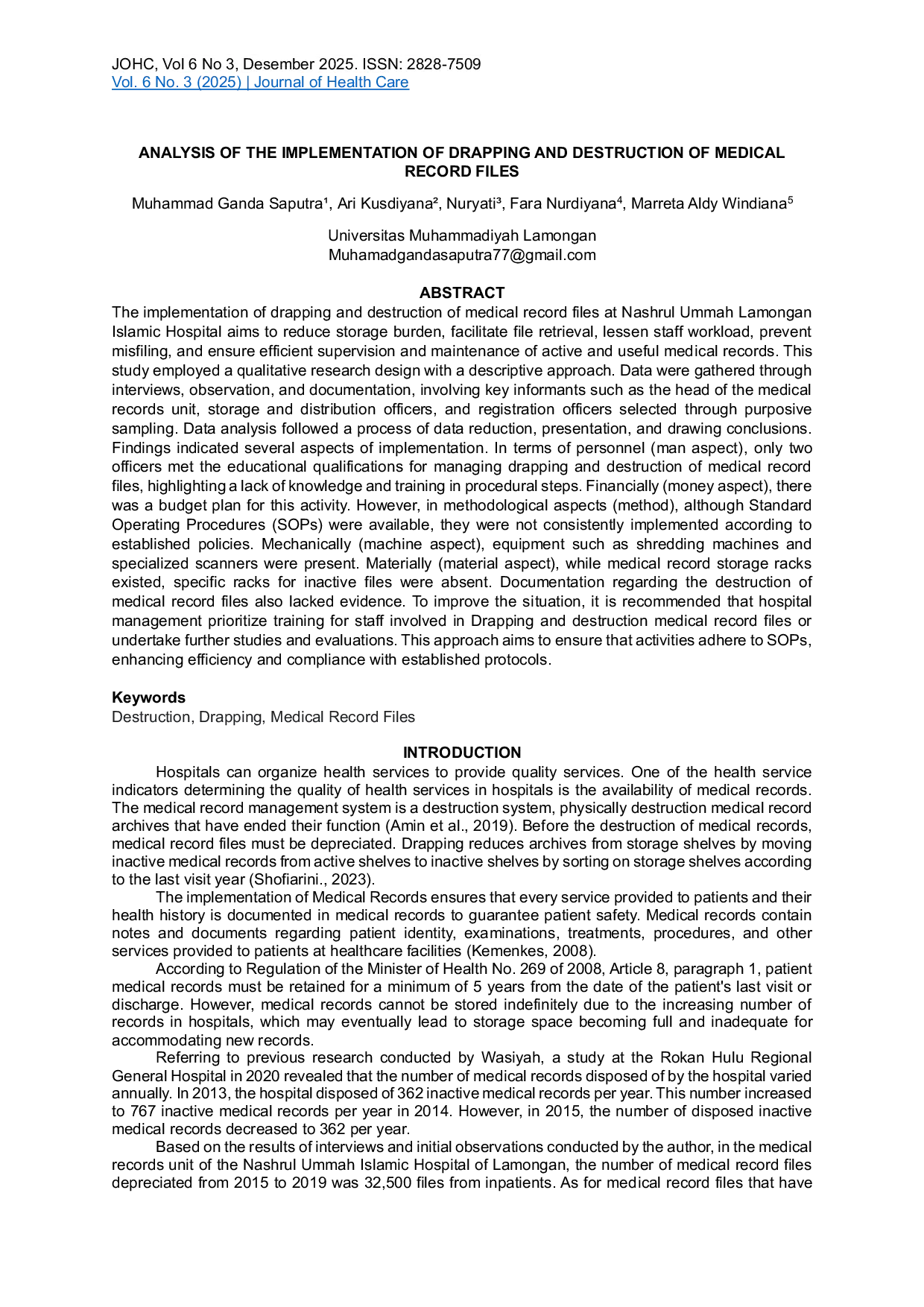 JURIS Analysis Of The Implementation Of Drapping And Destruction Of Medical Record Files