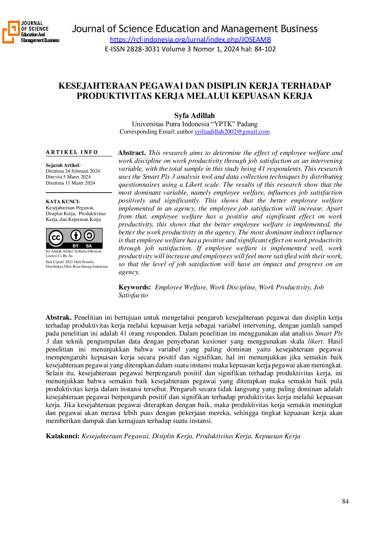 JURIS Kesejahteraan pegawai dan Disiplin Kerja terhadap Produktivitas kerja Melaui Kepuasan Kerja