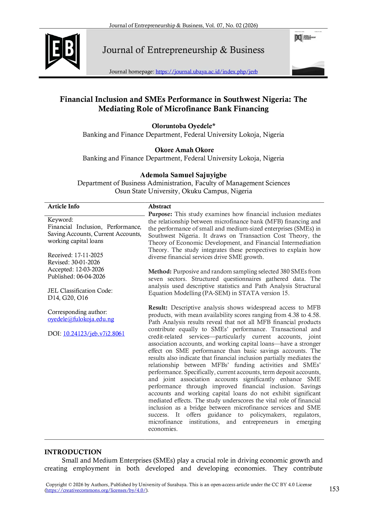 JURIS Financial Inclusion and SMEs Performance in Southwest Nigeria The Mediating Role of Microfinance Bank Financing