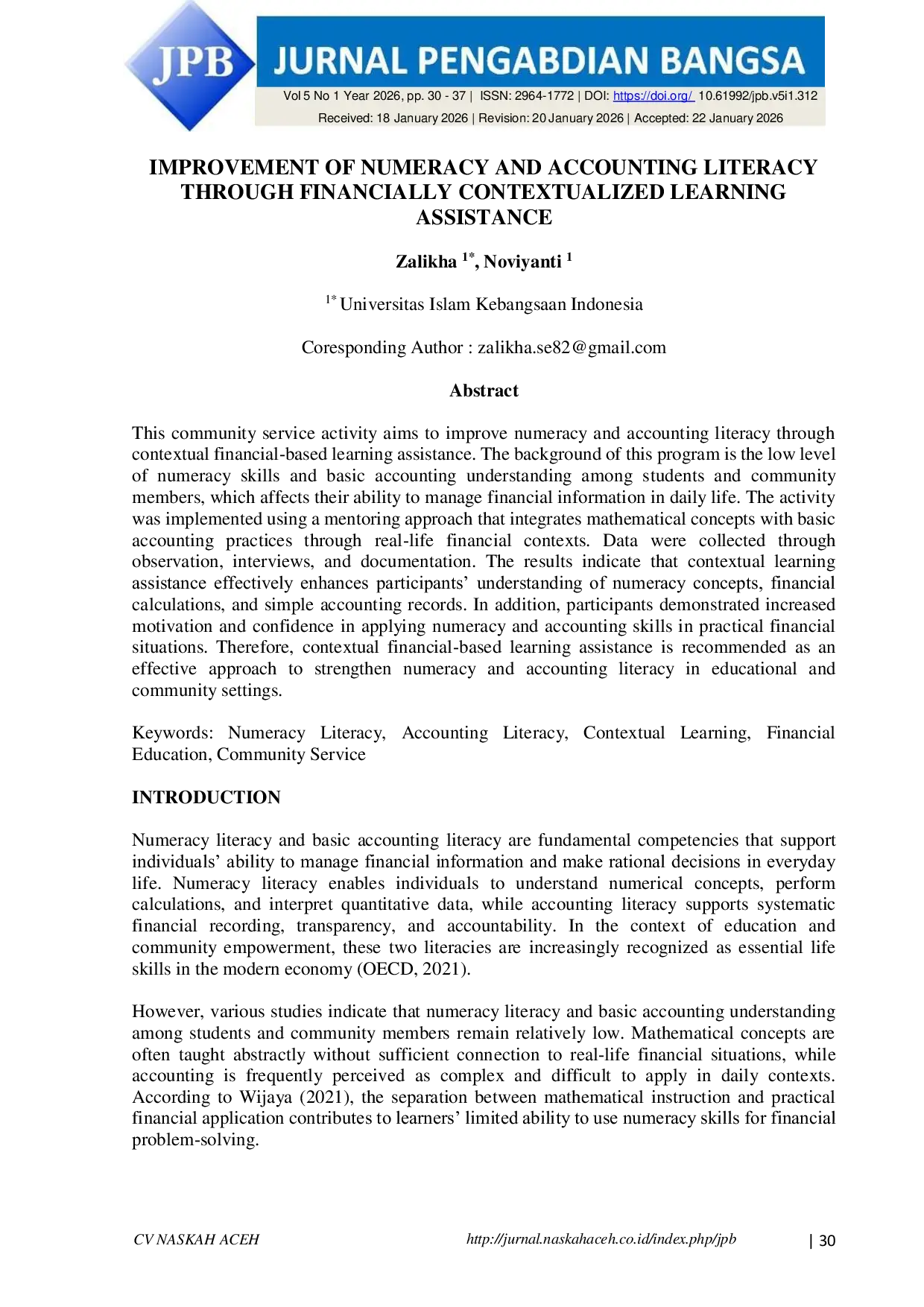 JURIS Improvement Of Numeracy And Accounting Literacy Through Financially Contextualized Learning Assistance