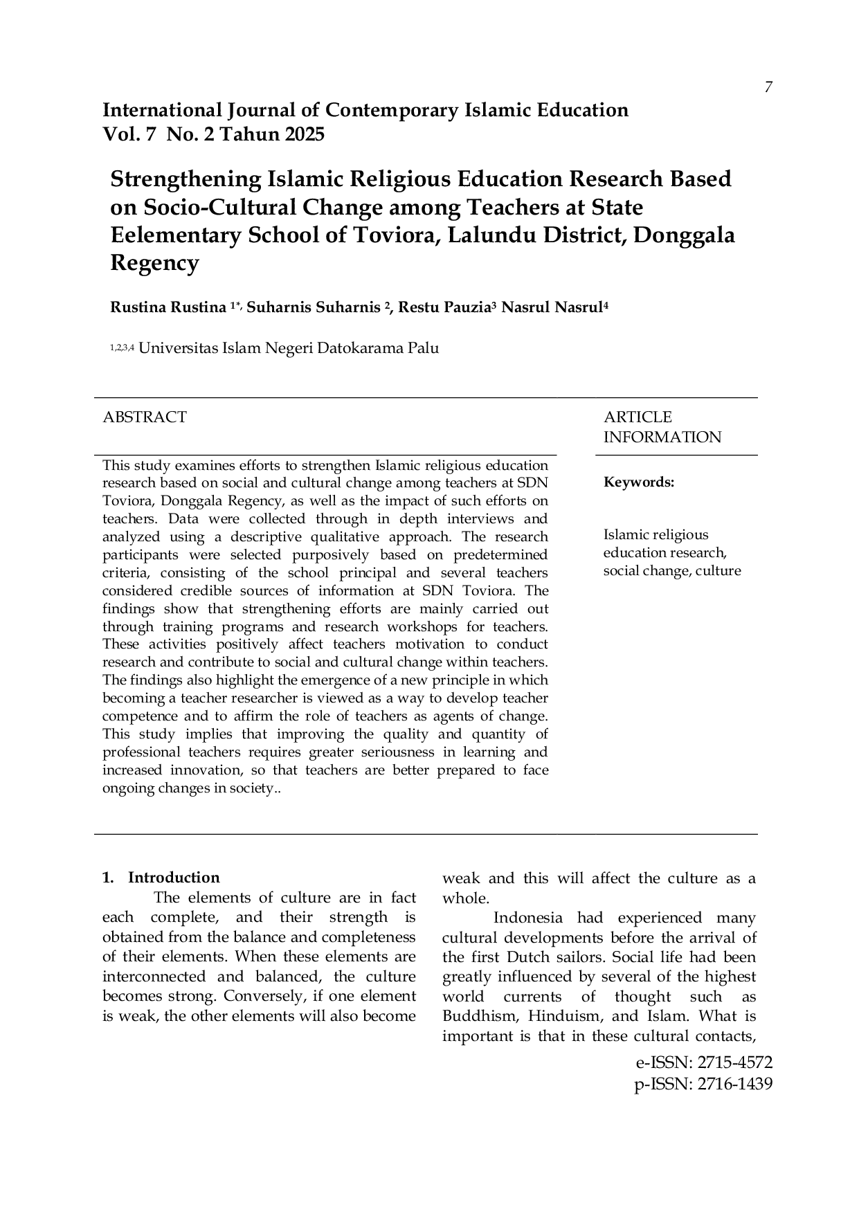 JURIS Strengthening Islamic Religious Education Research Based on Socio Cultural Change among Teachers at State Eelementary School of Toviora Lalundu District Donggala Regency