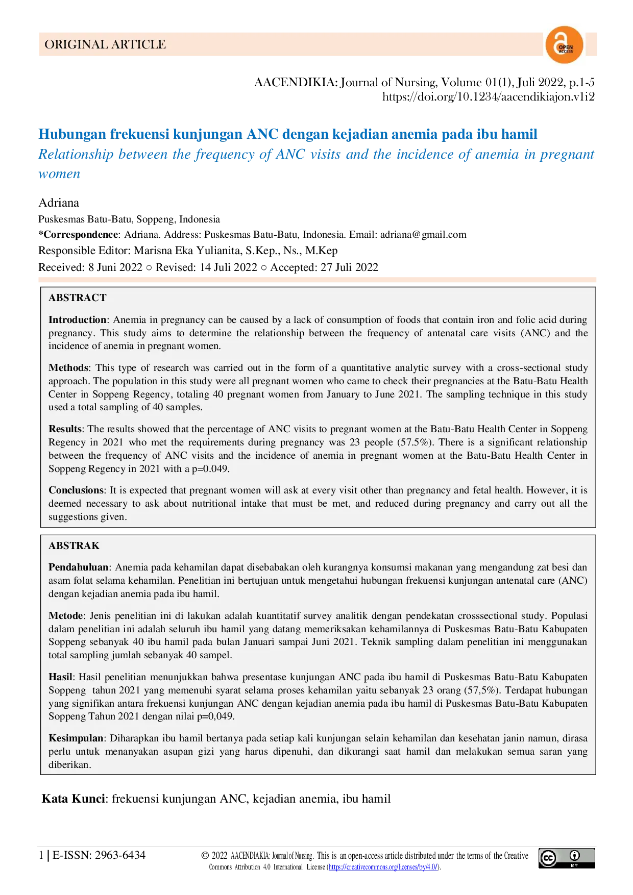 JURIS Hubungan frekuensi kunjungan ANC dengan kejadian anemia pada ibu hamil