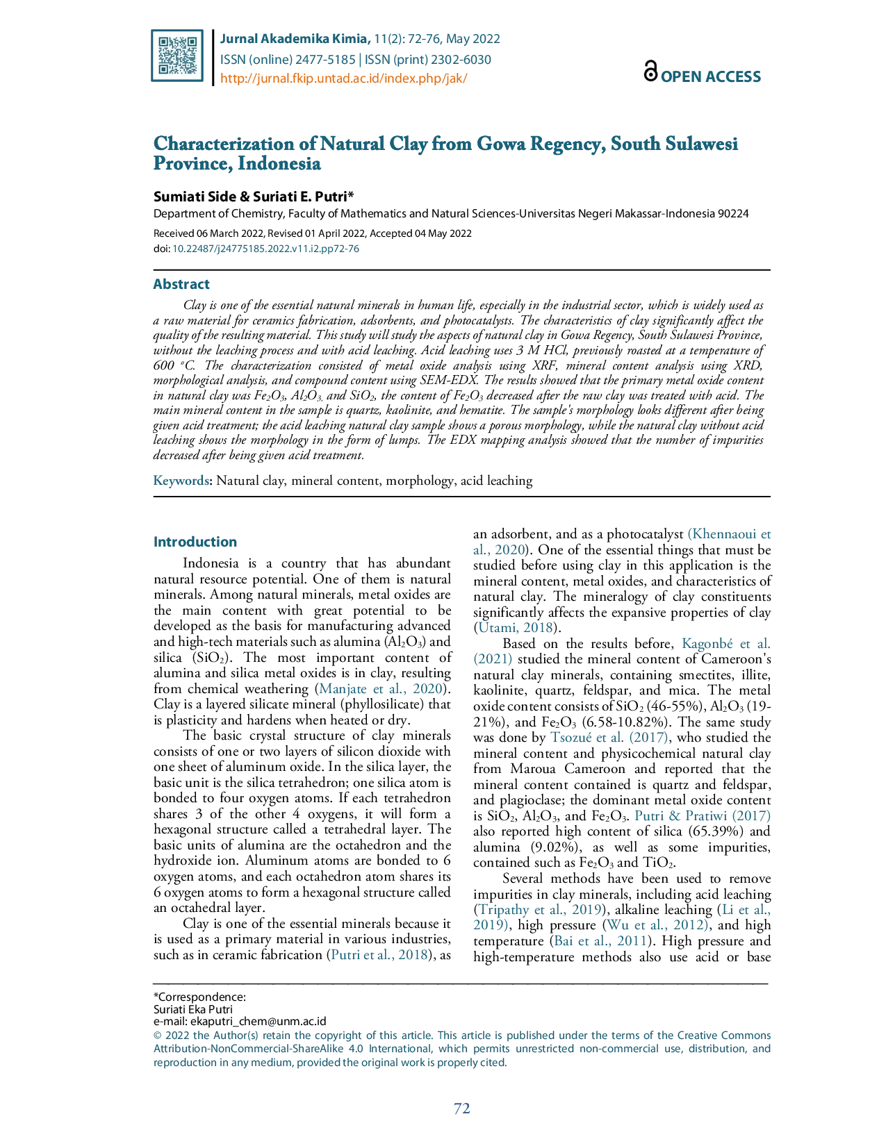 JURIS Characterization of Natural Clay from Gowa Regency South Sulawesi Province Indonesia