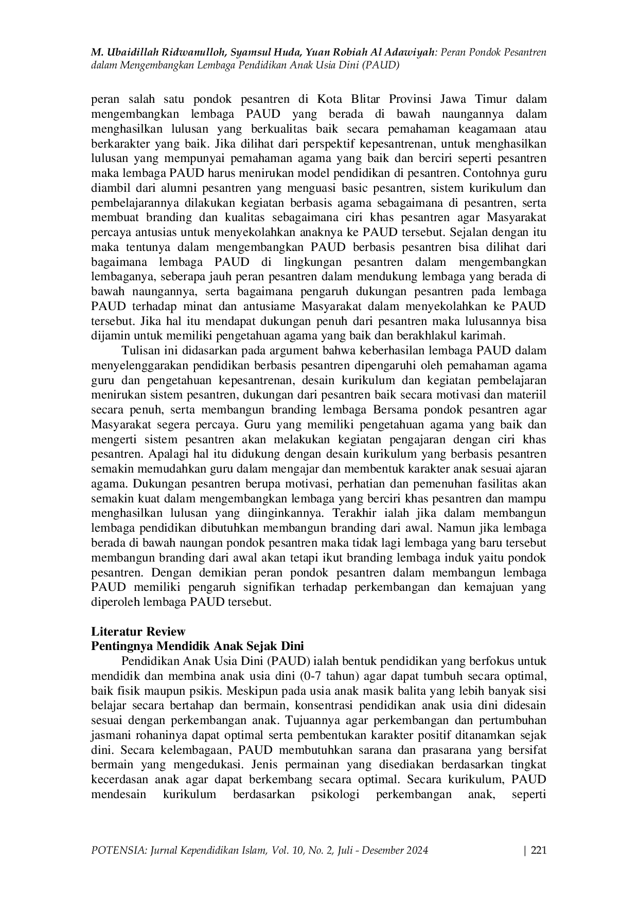 JURIS Peran Pondok Pesantren dalam Mengembangkan Lembaga Pendidikan Anak Usia Dini PAUD