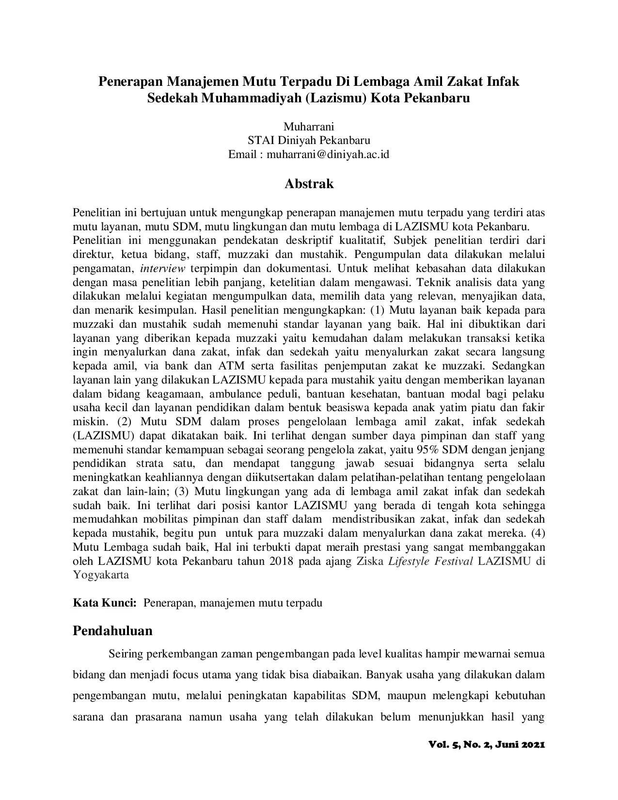 JURIS Penerapan Manajemen Mutu Terpadu Di Lembaga Amil Zakat Infak Sedekah Muhammadiyah Lazismu Kota Pekanbaru