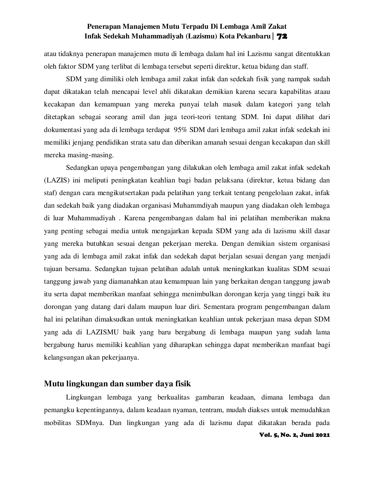 JURIS Penerapan Manajemen Mutu Terpadu Di Lembaga Amil Zakat Infak Sedekah Muhammadiyah Lazismu Kota Pekanbaru