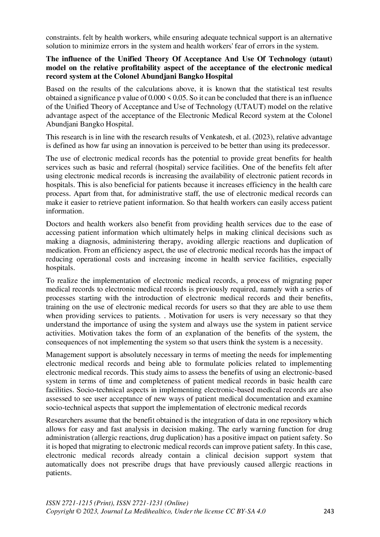 JURIS Development of the Unified Theory of Acceptance and Use of Technology Model in the Acceptance of Electronic Medical Records Systems at Colonel Abundjani Bangko Hospital
