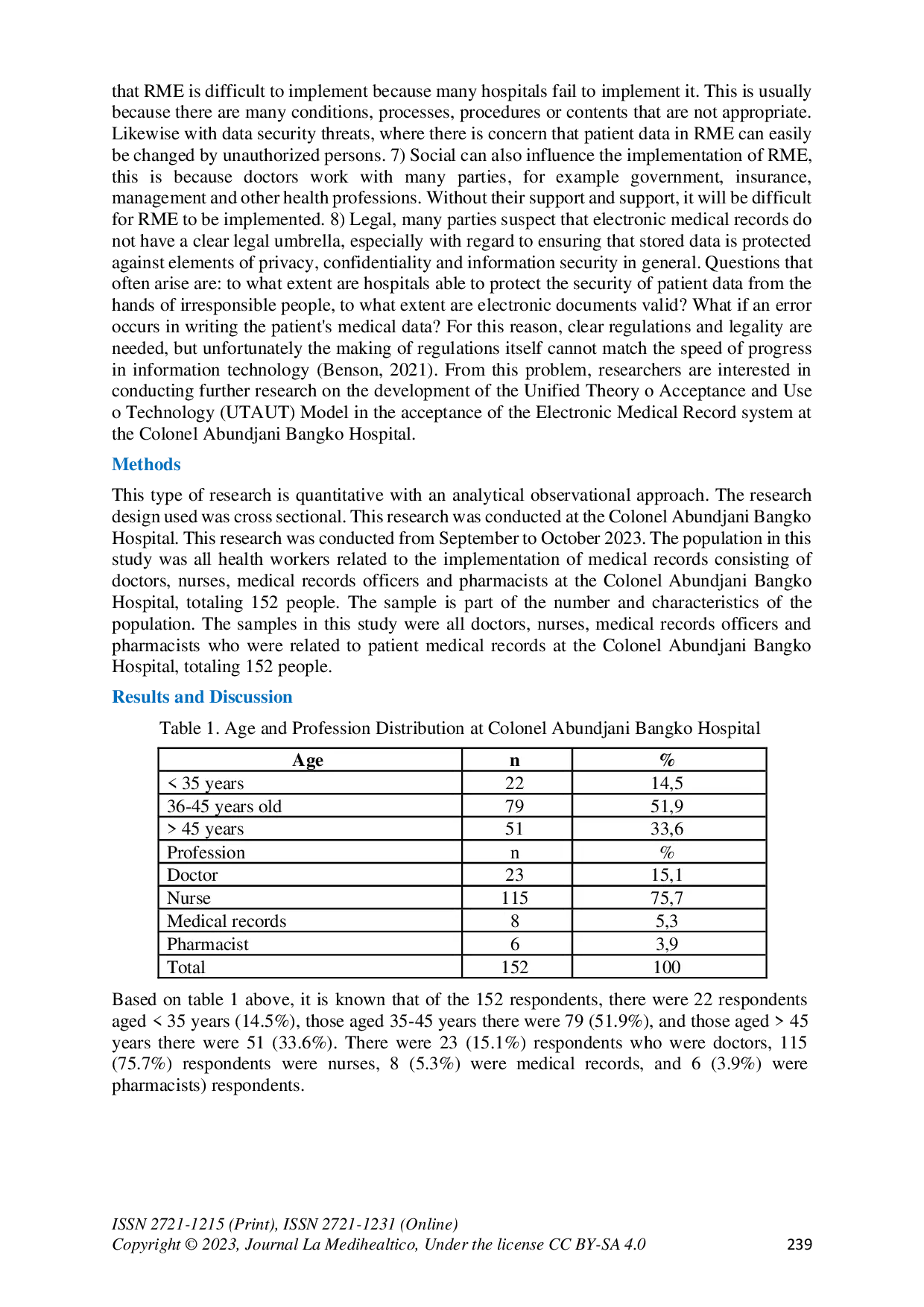 JURIS Development of the Unified Theory of Acceptance and Use of Technology Model in the Acceptance of Electronic Medical Records Systems at Colonel Abundjani Bangko Hospital