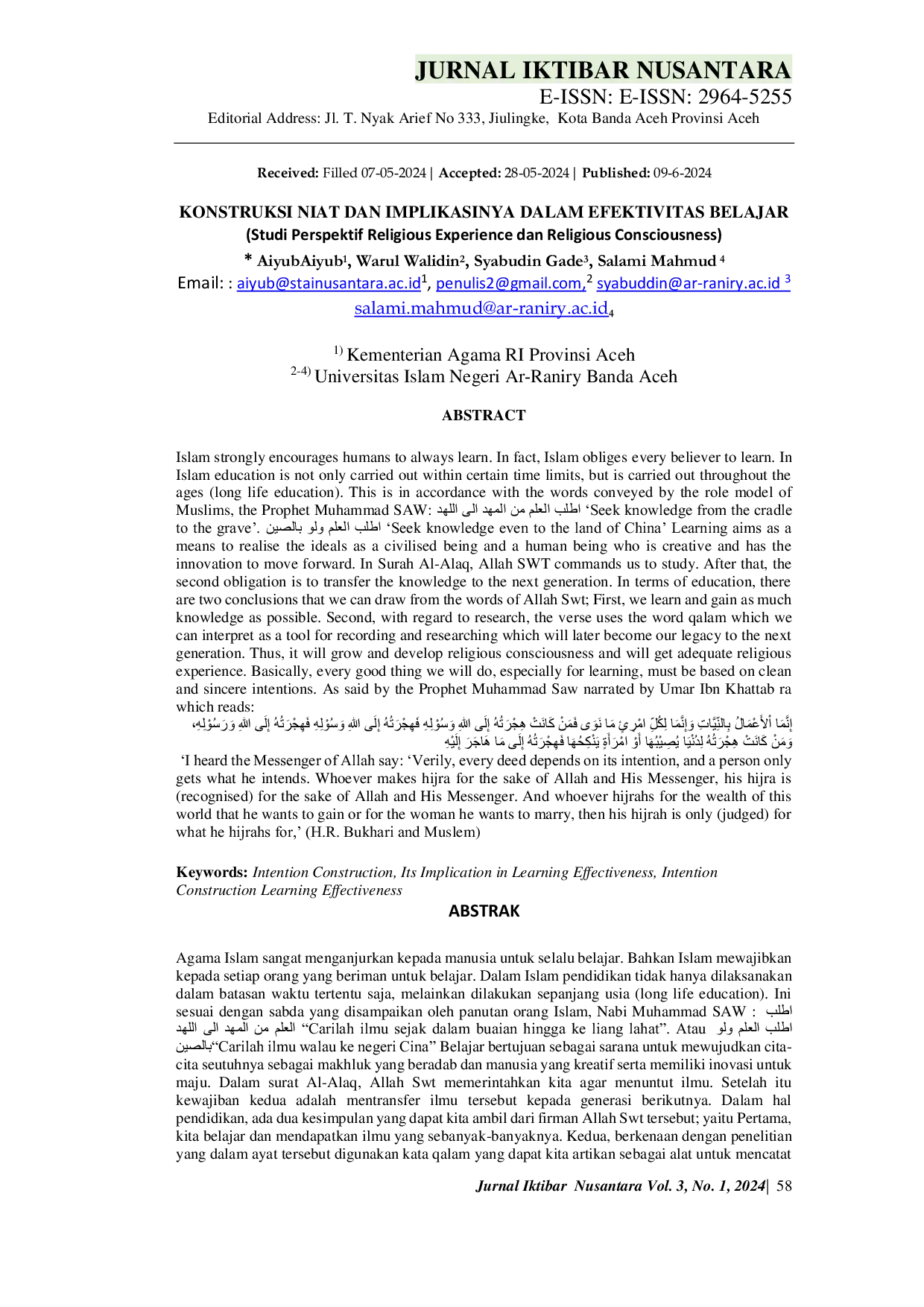 JURIS KONSTRUKSI NIAT DAN IMPLIKASINYA DALAM EFEKTIVITAS BELAJAR Studi Perspektif Religious Experience dan Religious Consciousness