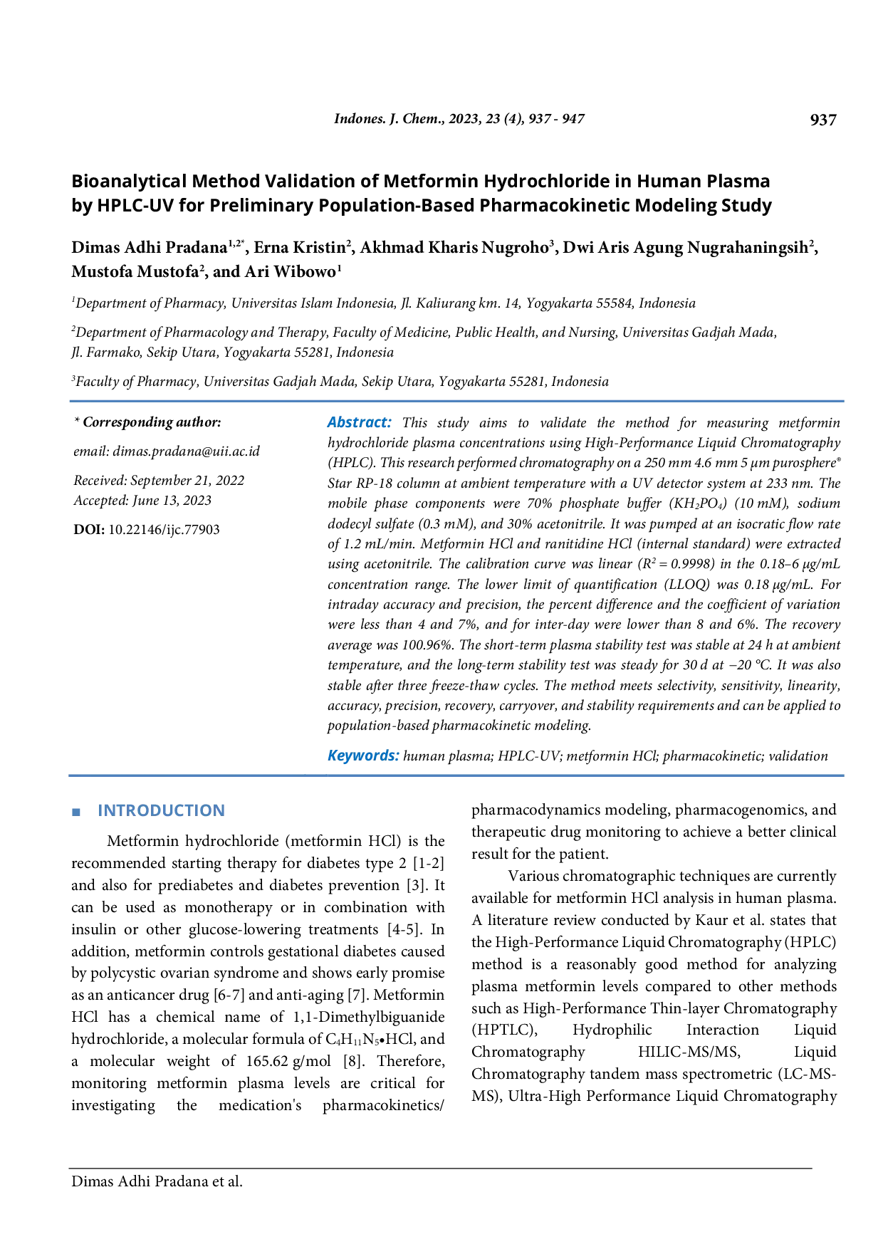 JURIS Bioanalytical Method Validation of Metformin Hydrochloride in Human Plasma by HPLC UV for Preliminary Population Based Pharmacokinetic Modeling Study