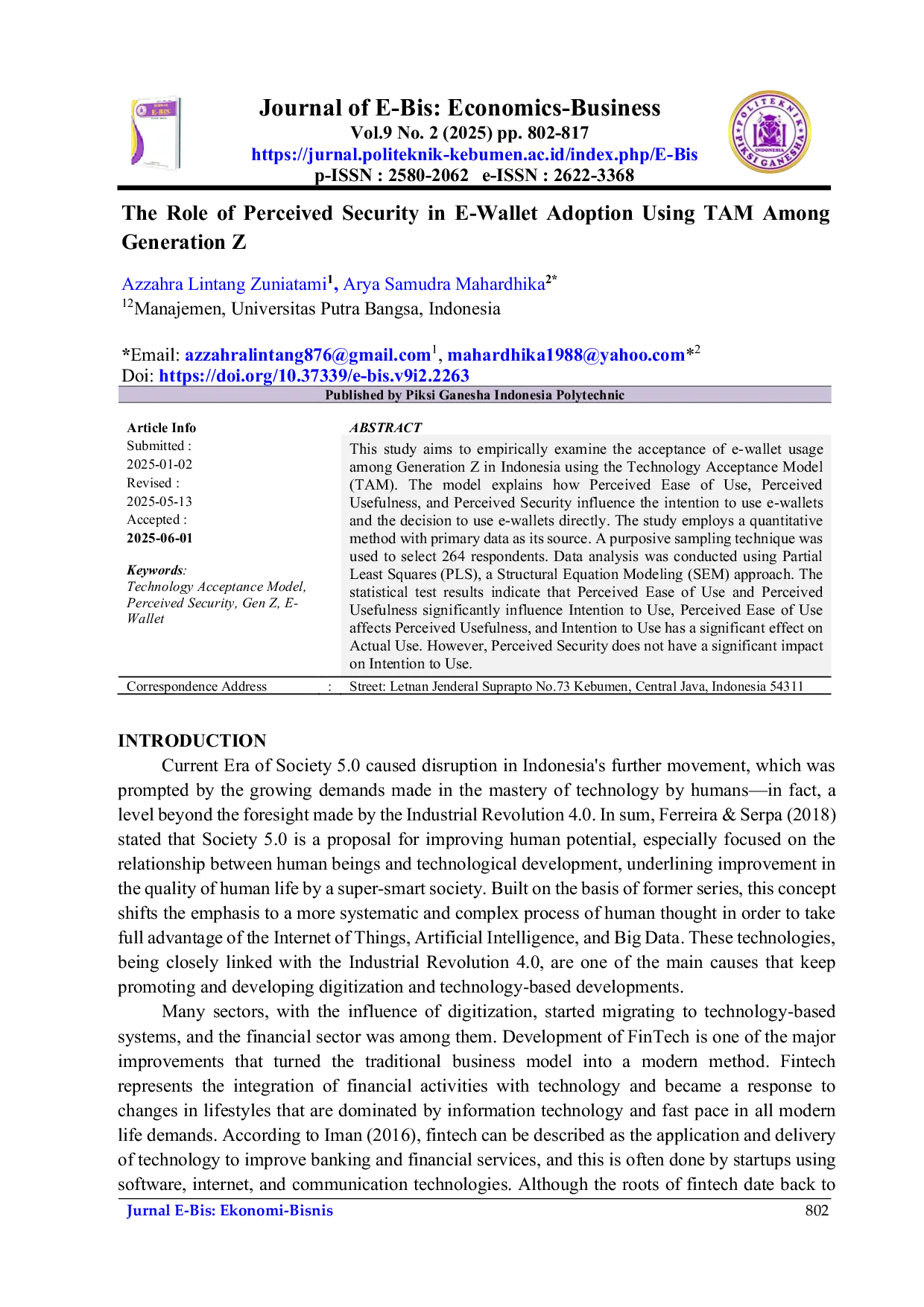 JURIS The Role of Perceived Security in E Wallet Adoption Using TAM Among Generation Z