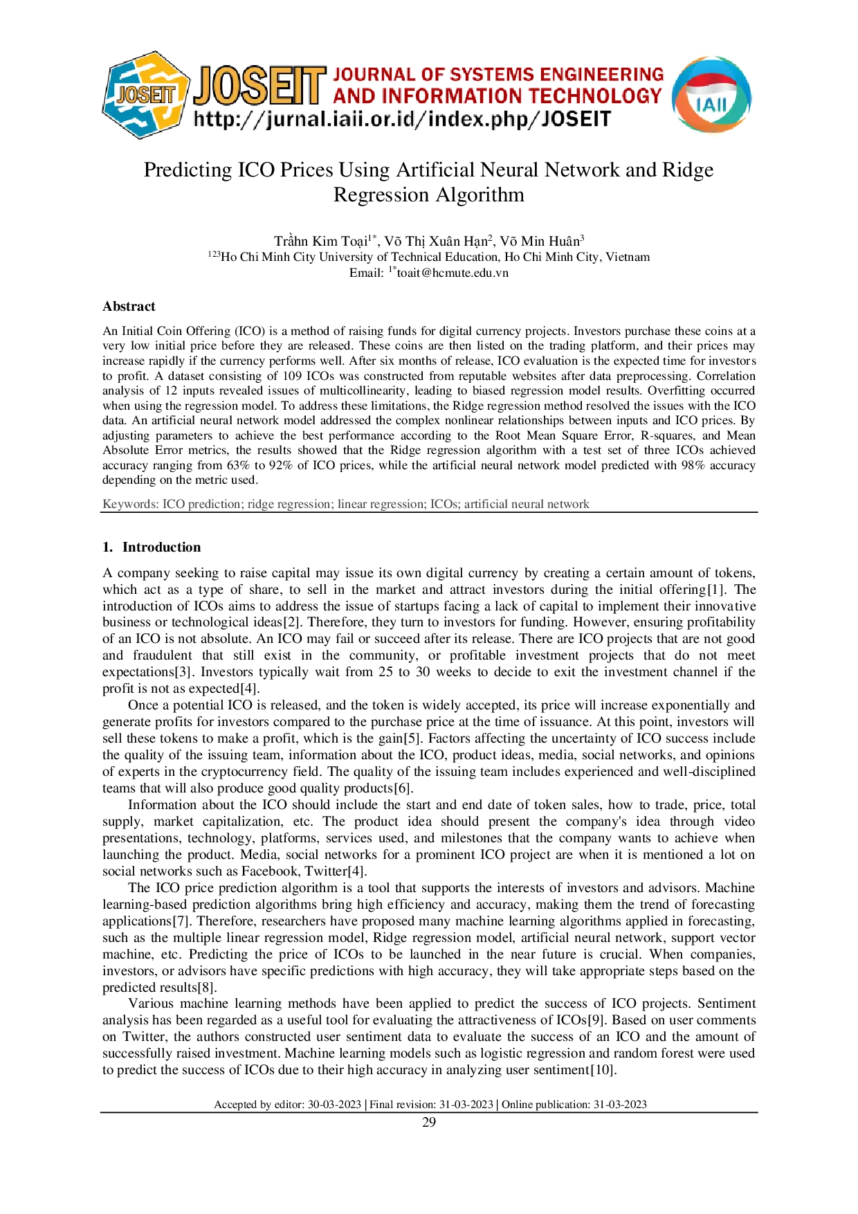 JURIS Predicting ICO Prices Using Artificial Neural Network and Ridge Regression Algorithm
