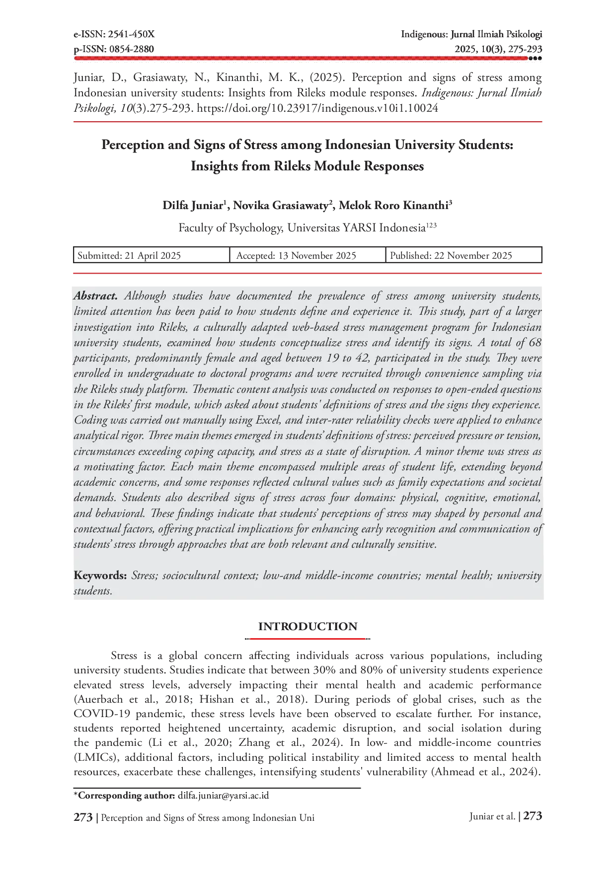 JURIS Perception and Signs of Stress among Indonesian University Students Insights from Rileks Module Responses