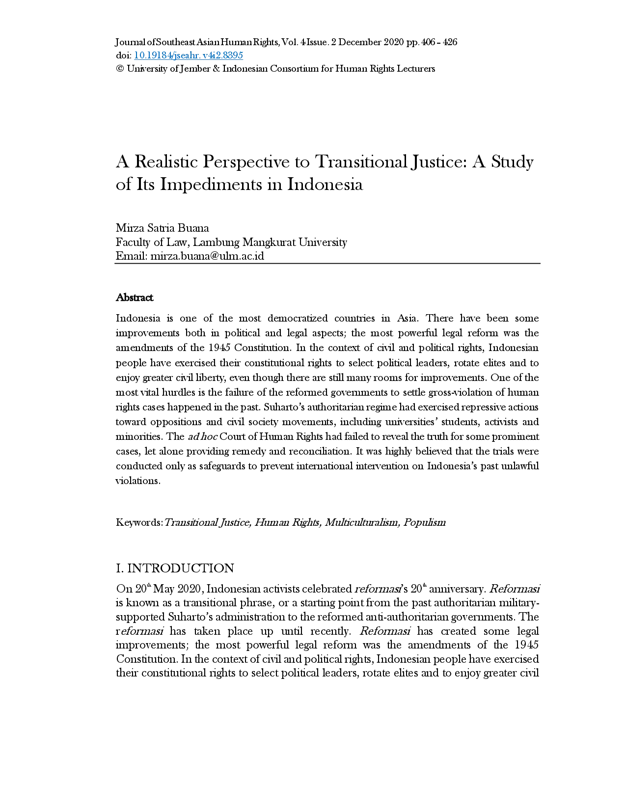 juris A Realistic Perspective to Transitional Justice A Study of Its Impediments in Indonesia