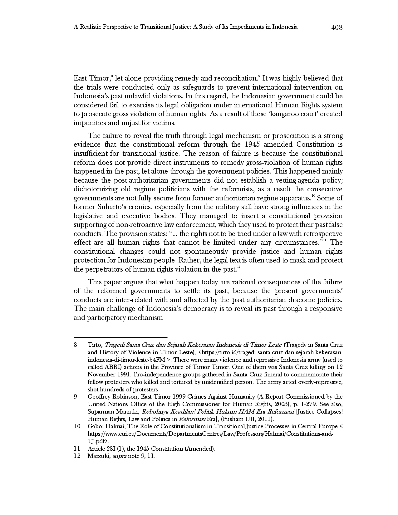 juris A Realistic Perspective to Transitional Justice A Study of Its Impediments in Indonesia