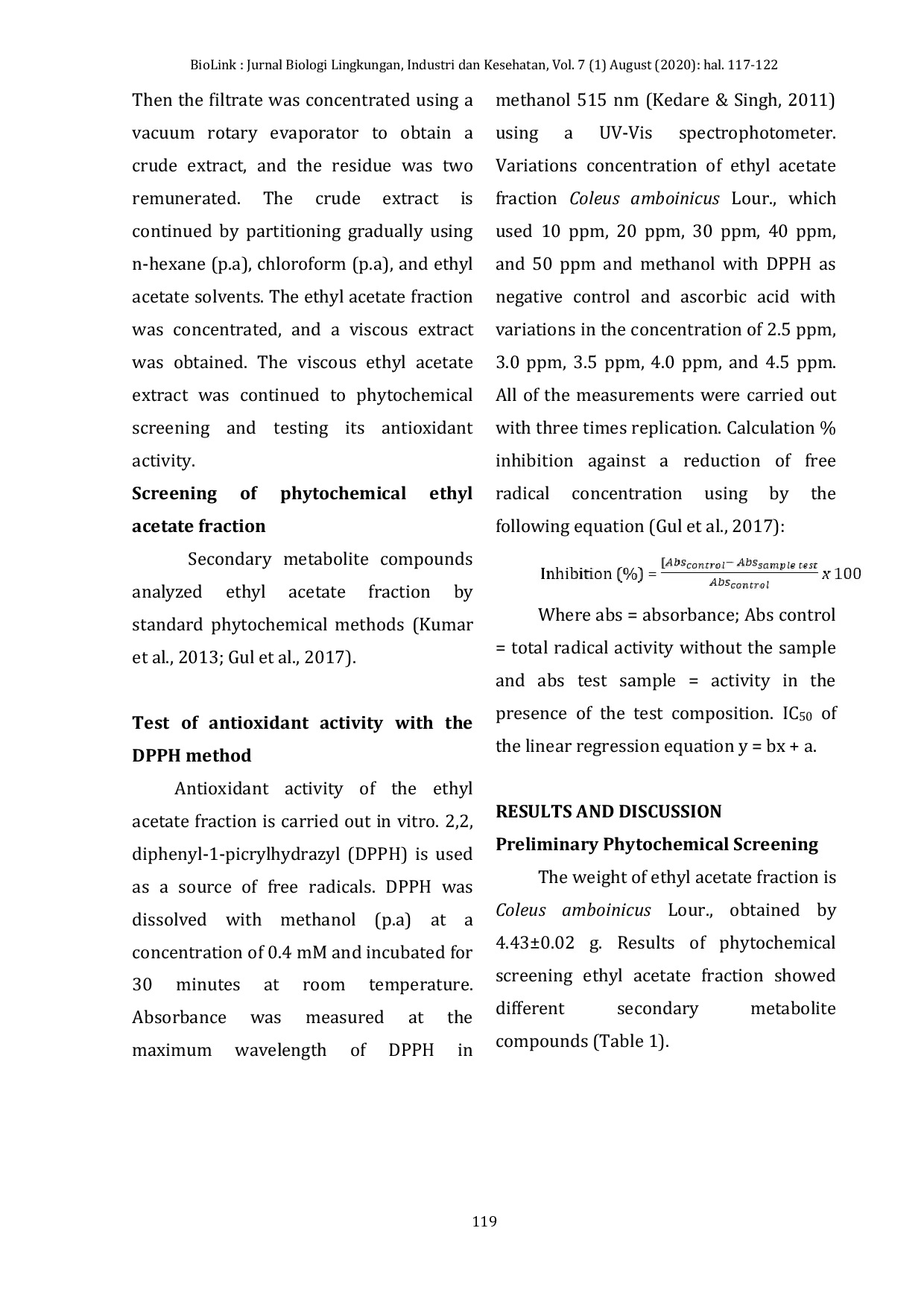 JURIS IDENTIFICATION OF SECONDARY METABOLIC AND TEST OF ACTIVITY ETHYL ACETATE FRACTION OF BANGUN BANGUN Coleus amboinicus Lour LEAVES AS ANTIOXIDANT