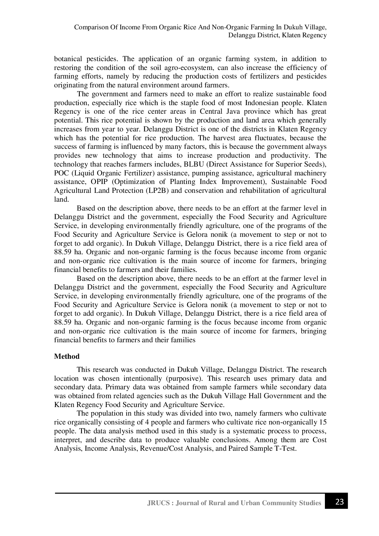JURIS Comparison of Income from Organic Rice and Non Organic Farming in Dukuh Village Delanggu District Klaten Regency