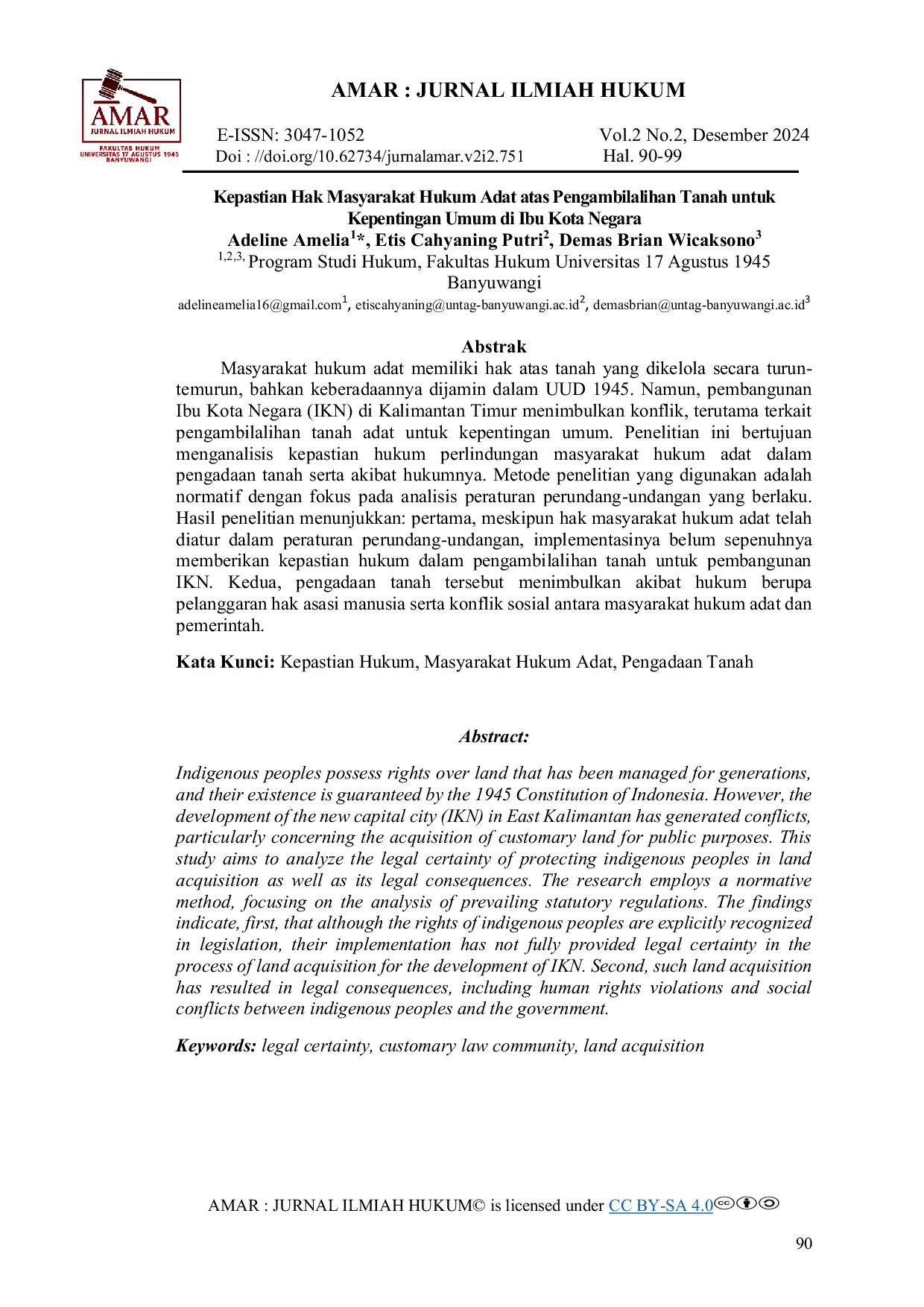 JURIS Kepastian Hak Masyarakat Hukum Adat atas Pengambilalihan Tanah untuk Kepentingan Umum di Ibu Kota Negara