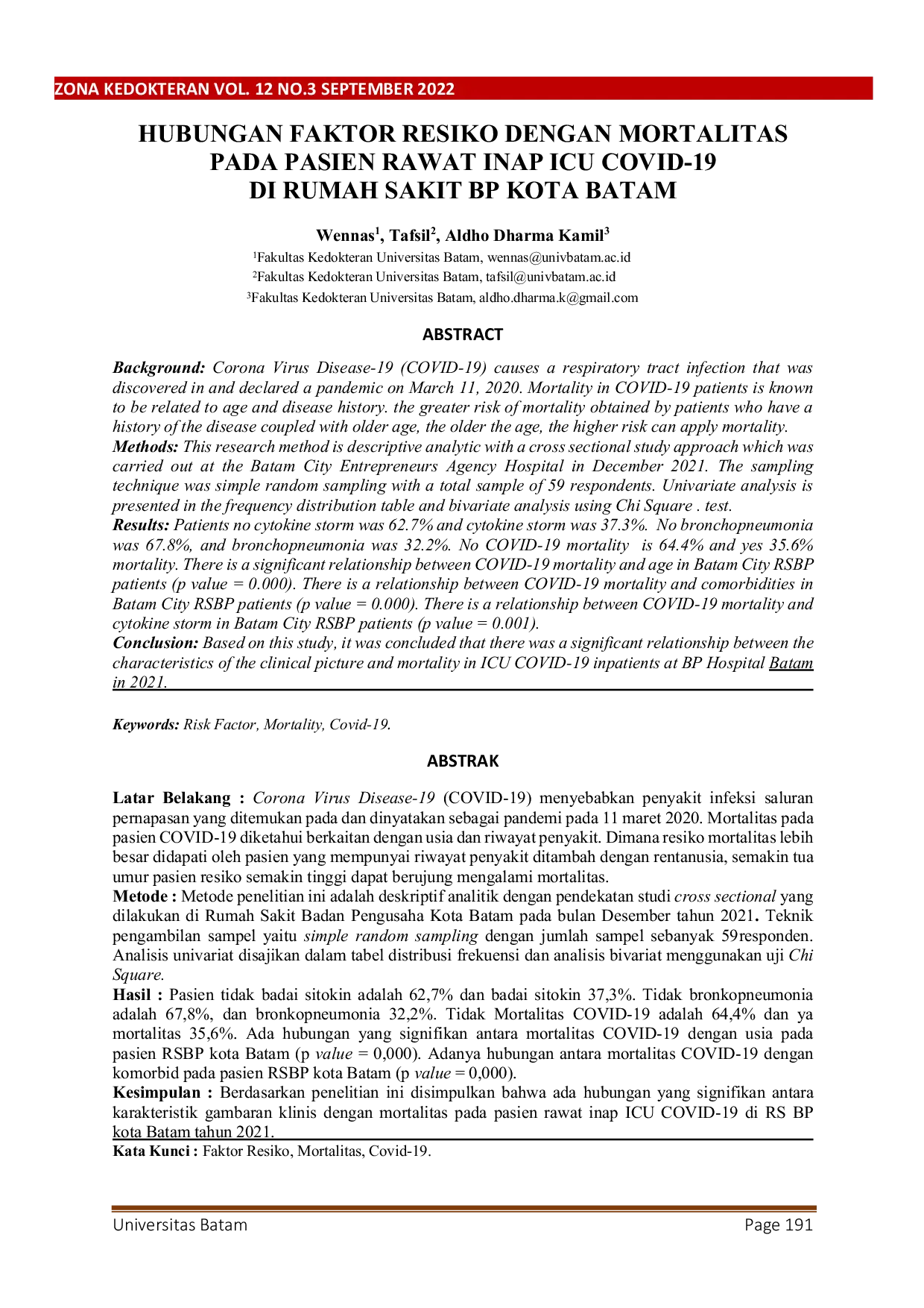 JURIS Hubungan Faktor Resiko dengan Mortalitas pada Pasien Rawat Inap Icu Covid 19 di Rumah Sakit Bp Kota Batam