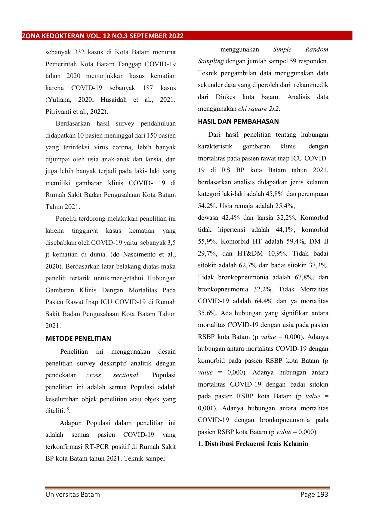 JURIS Hubungan Faktor Resiko dengan Mortalitas pada Pasien Rawat Inap Icu Covid 19 di Rumah Sakit Bp Kota Batam