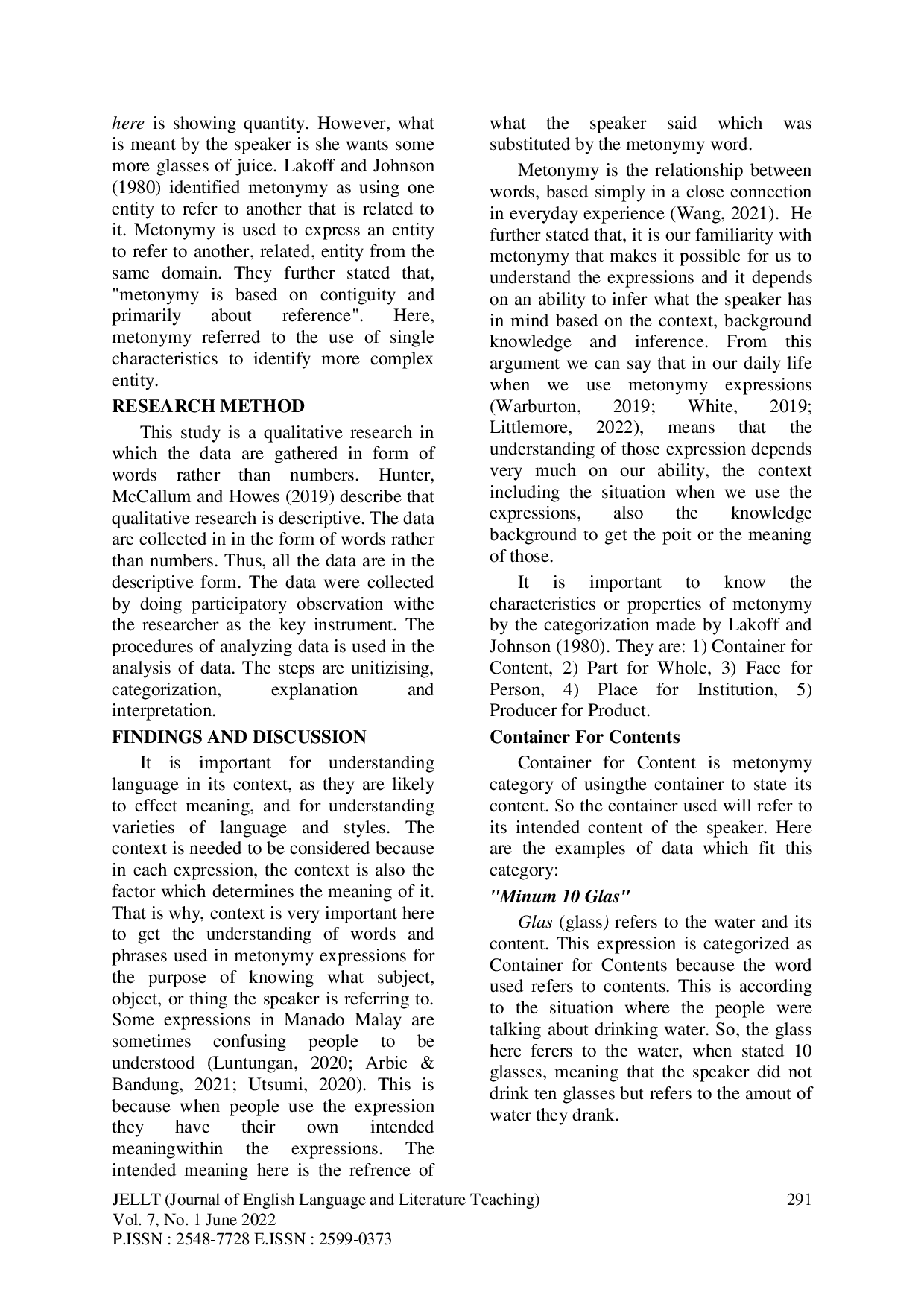 JURIS Semantic Analysis On Metonymy Expressions In Manado Malay