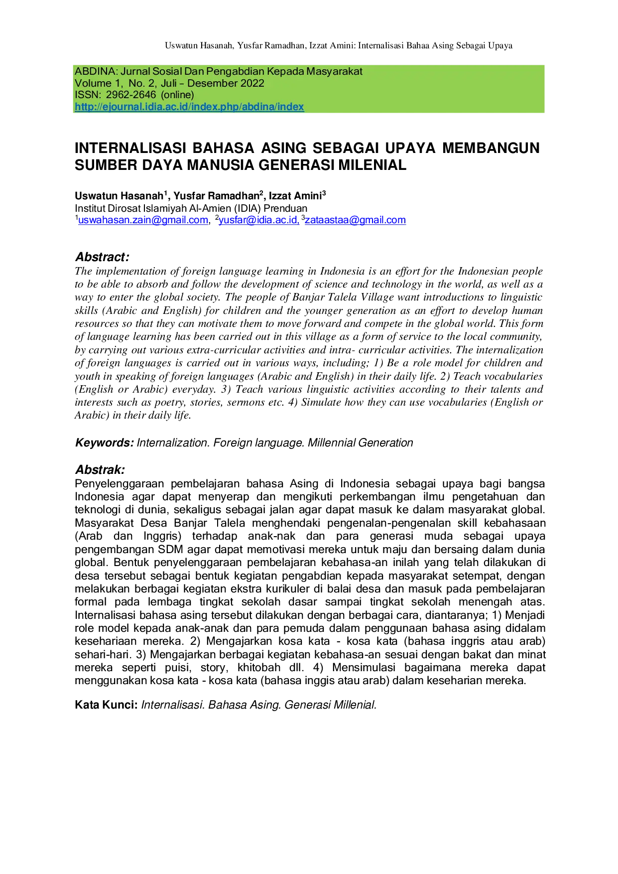 JURIS Internalisasi Bahasa Asing Sebagai Upaya Membangun Sumber Daya Manusia Generasi Milenial
