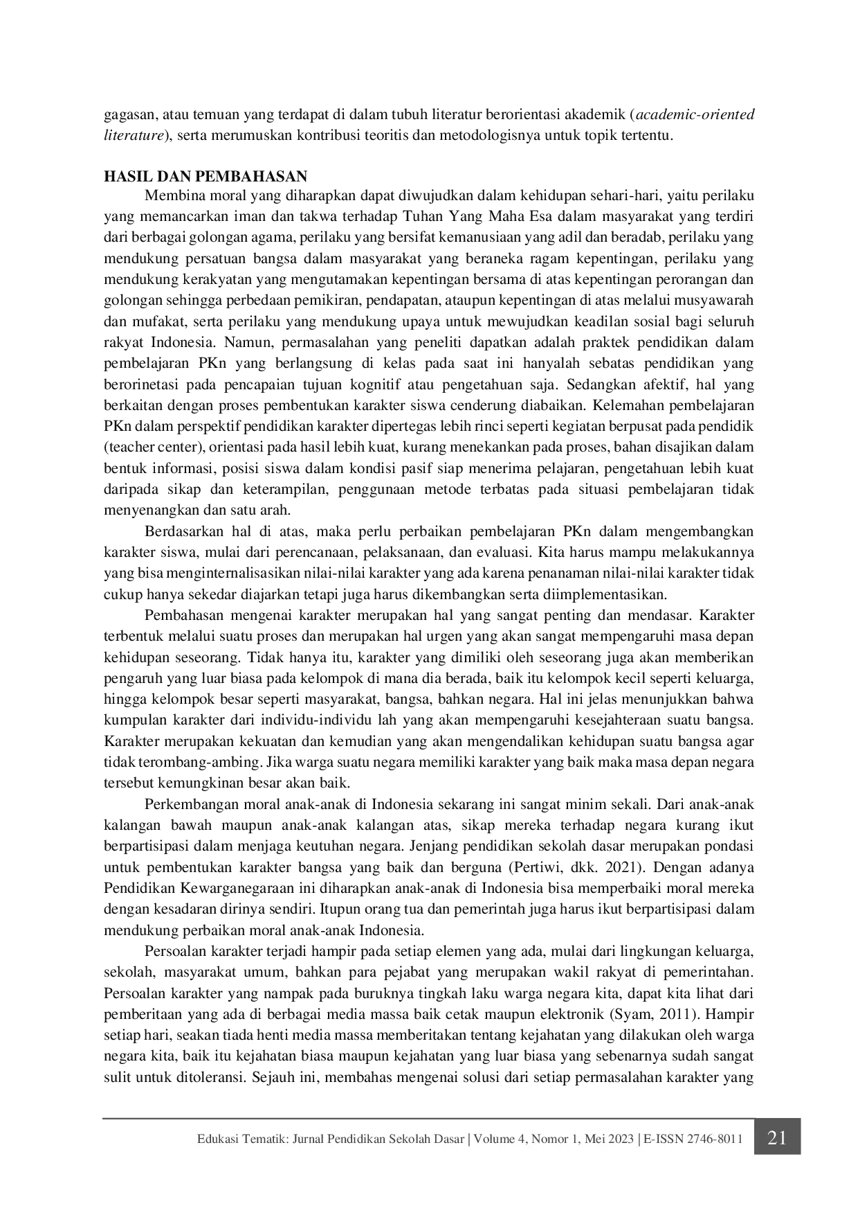 JURIS Implementasi Pembelajaran PKN dalam Pembentukan Karakter Siswa Sekolah Dasar