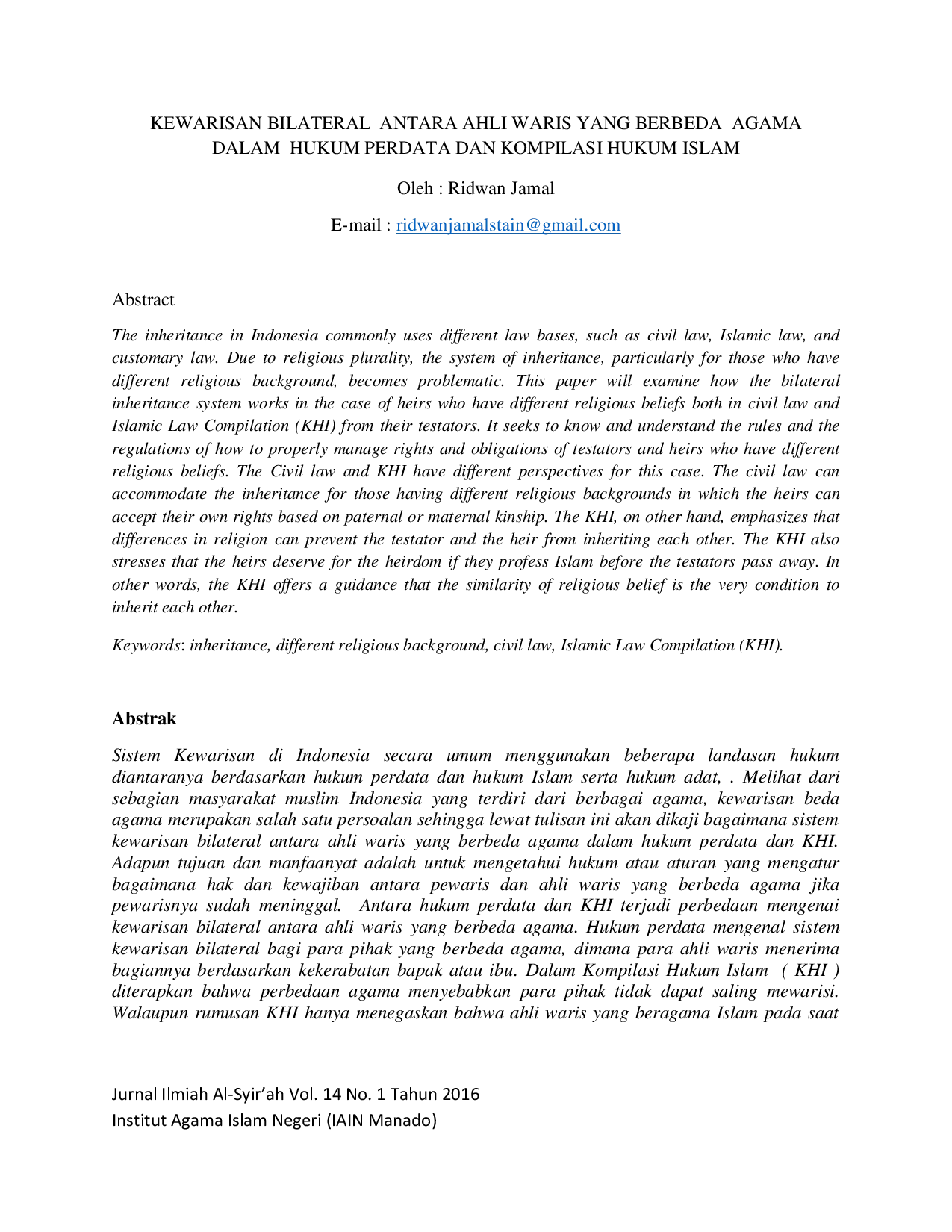 juris Kewarisan Bilateral Antara Ahli Waris Yang Berbeda Agama Dalam Hukum Perdata Dan Kompilasi Hukum Islam